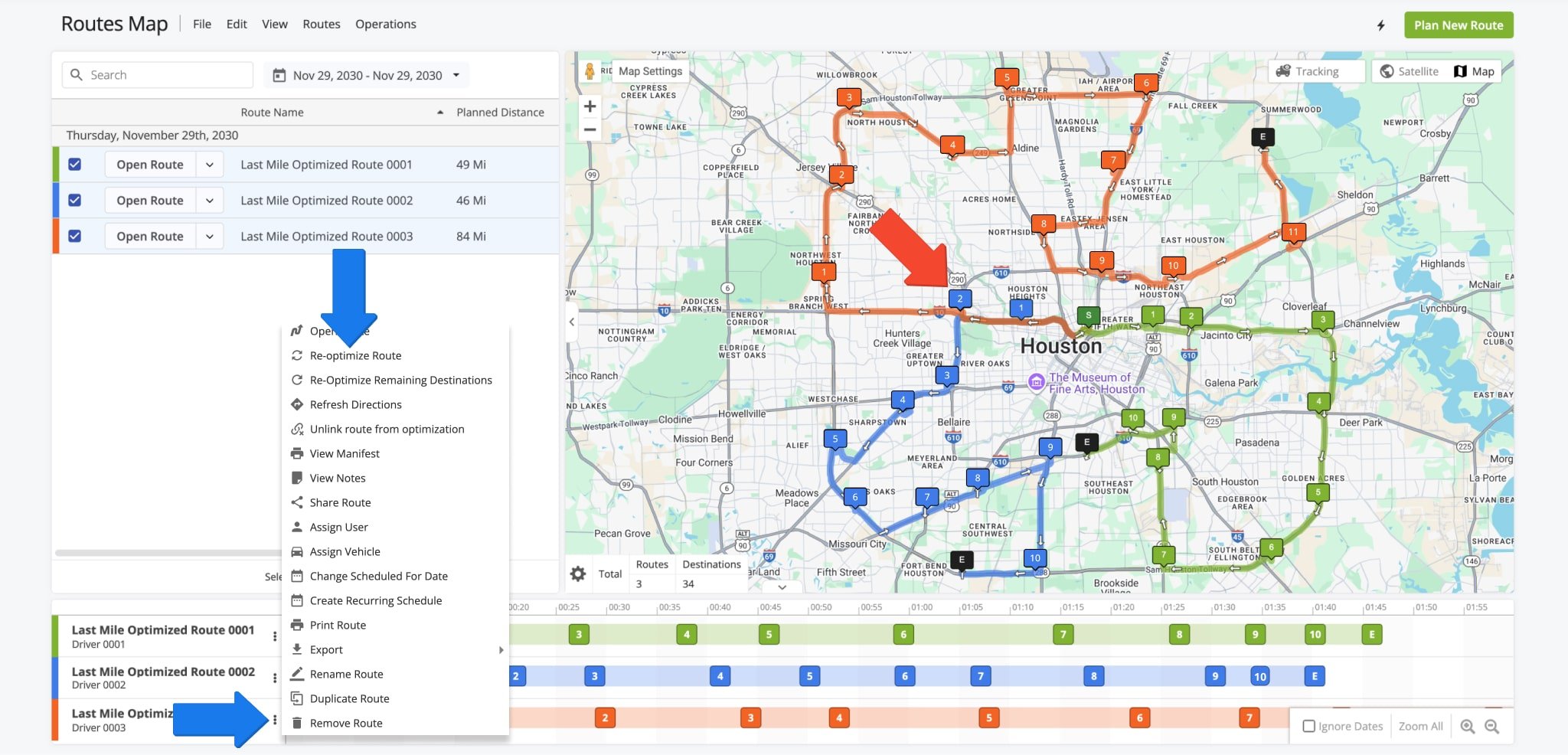 Re-optimize routes after modifications by selecting 'Re-Optimize Route' or 'Re-Optimize Remaining Destinations' via the Three-dot Icon on the Time Line.