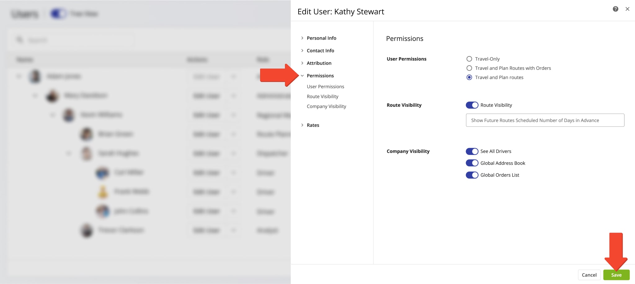 Drivers, route planners, etc., account level user permissions for route, team, vehicle, and order visibility and editing.