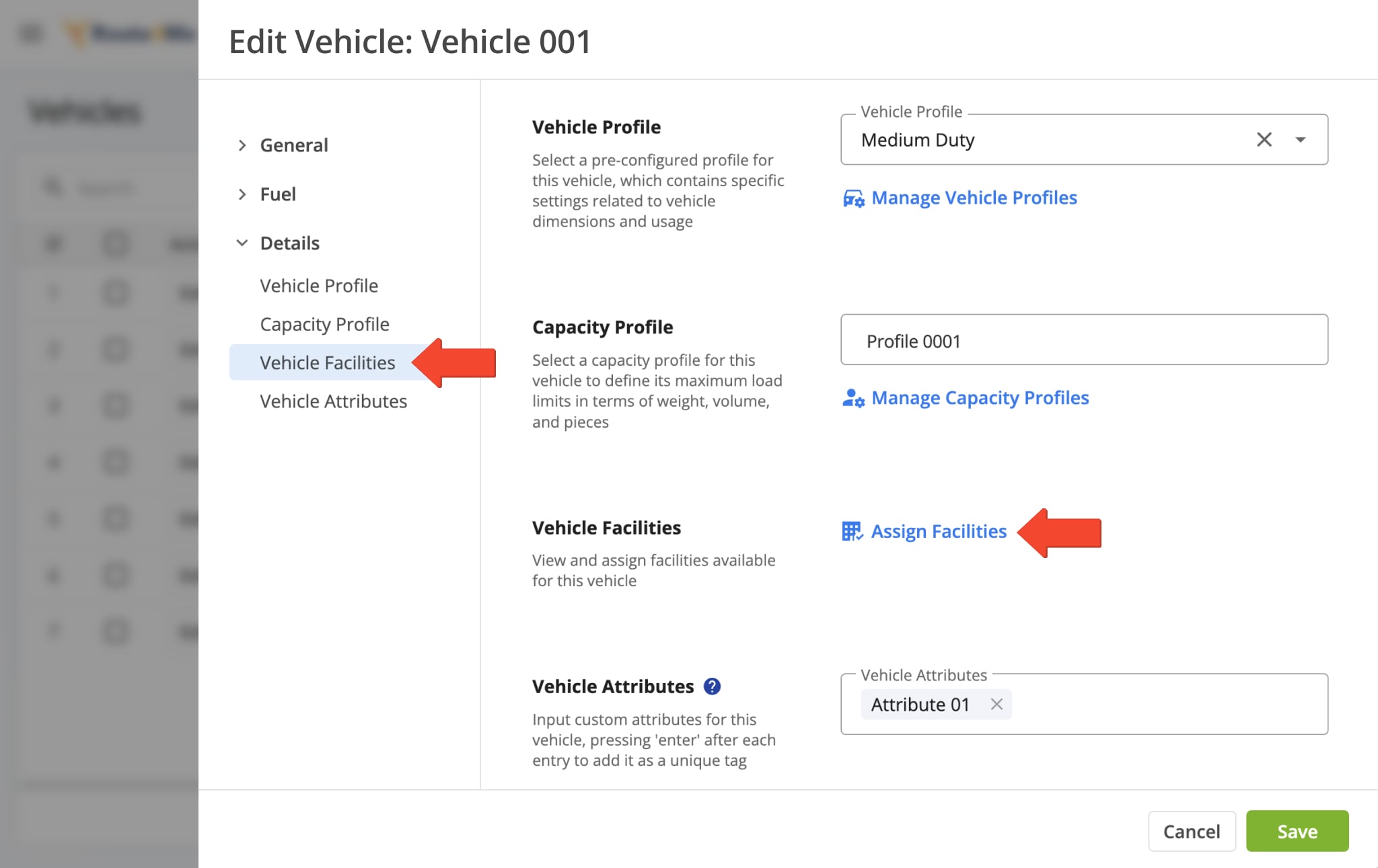 In your Route4Me account, you can view and assign facilities available for vehicles. 