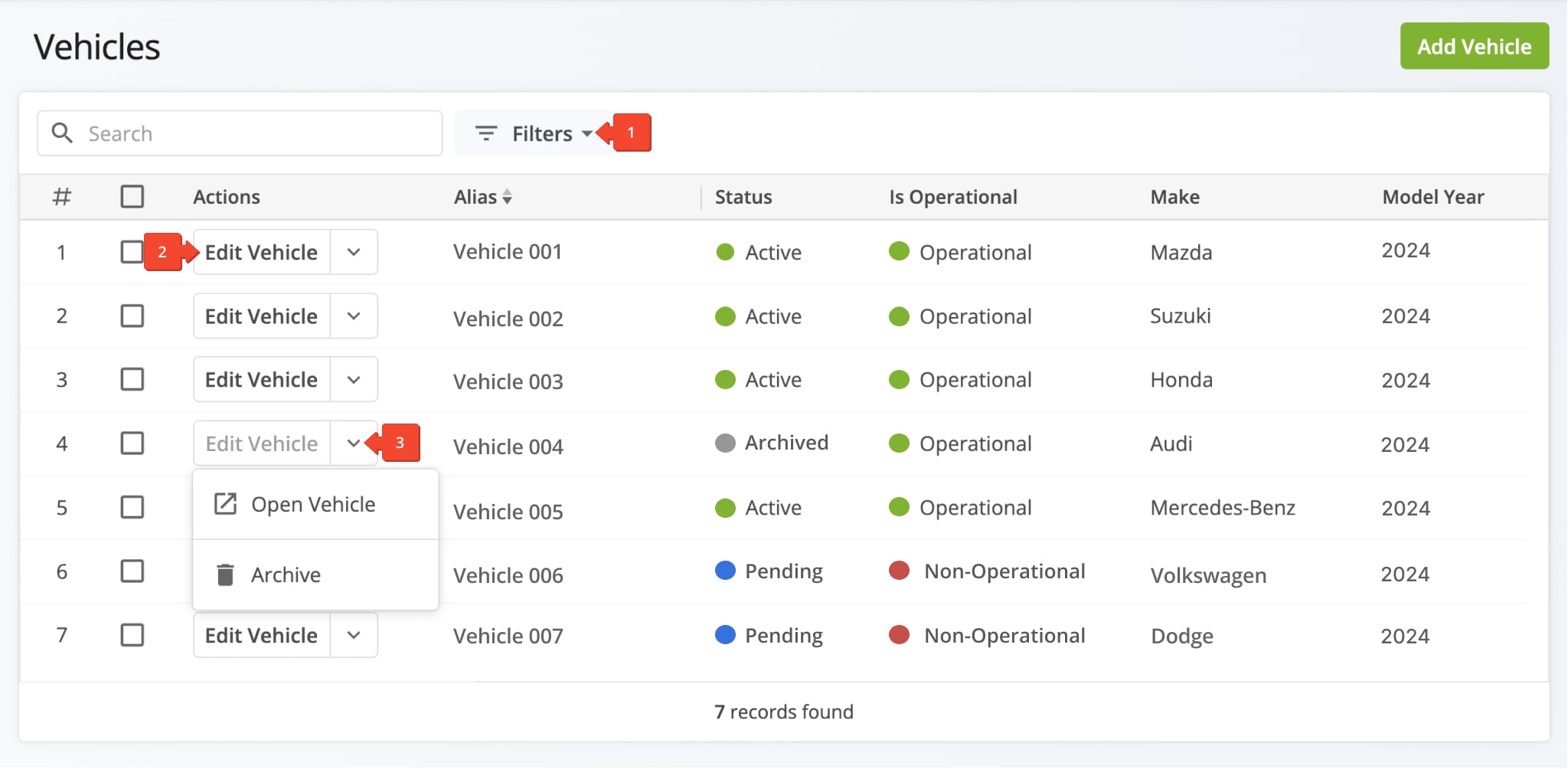 To view and manage vehicles in your Route4Me account, configure the setting in your Vehicles page.