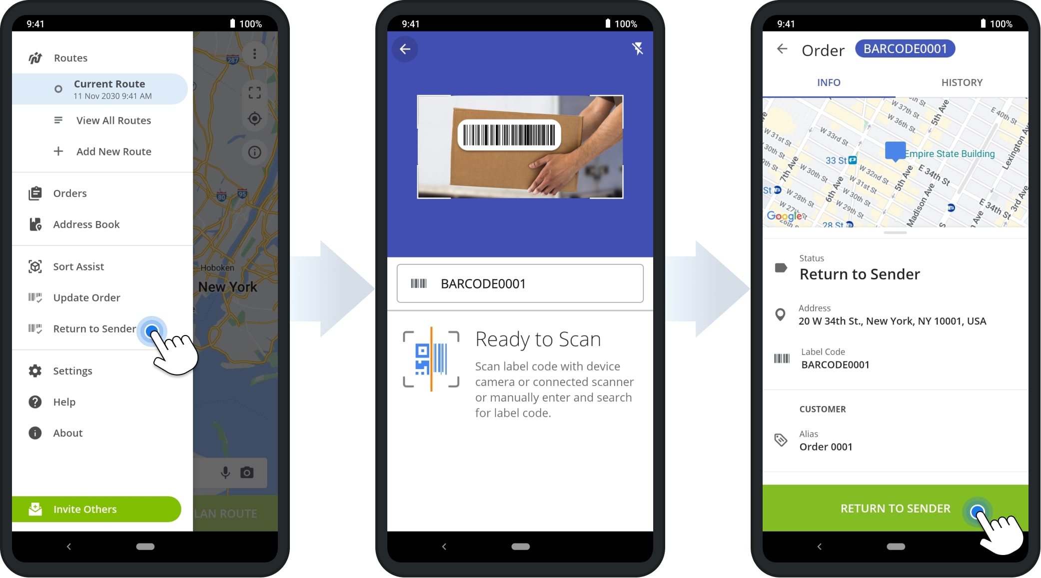 Scan order barcodes to see order details and confirm Return to Sender orders with Route4Me's order processing app for Android and iPhone.