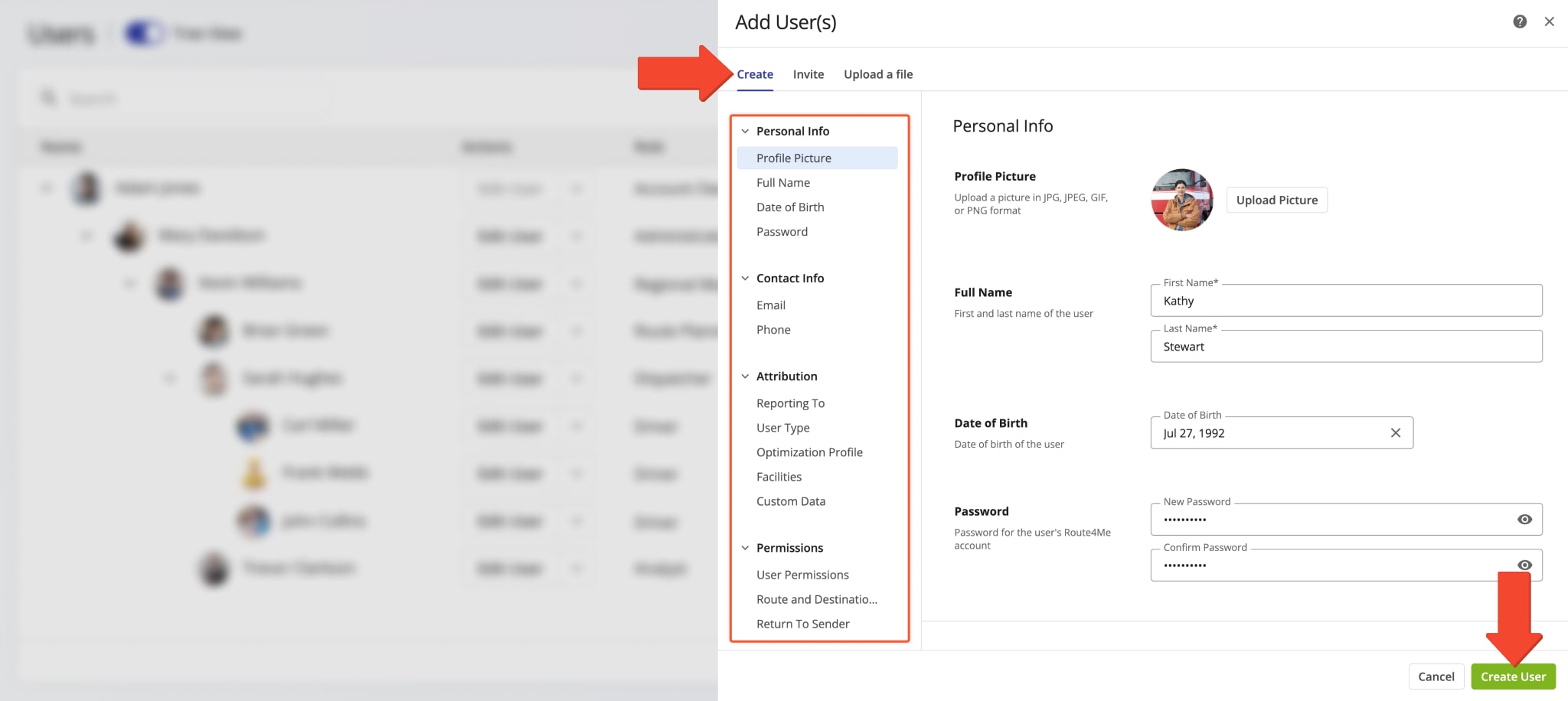 Fill out a user's information and personal details and click Create User to add a new user profile to your last mile team.