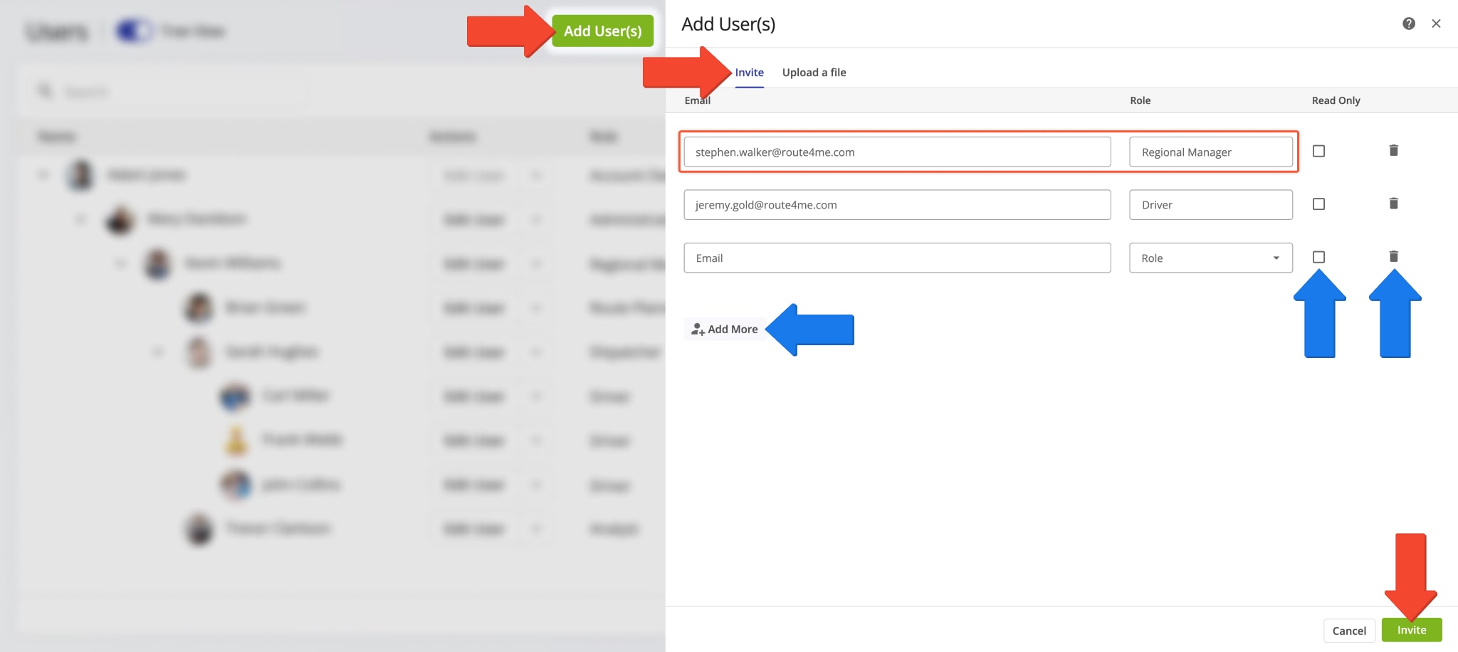 Send email invites to drivers, route planners, dispatchers, and other team members to join your Route4Me company account.