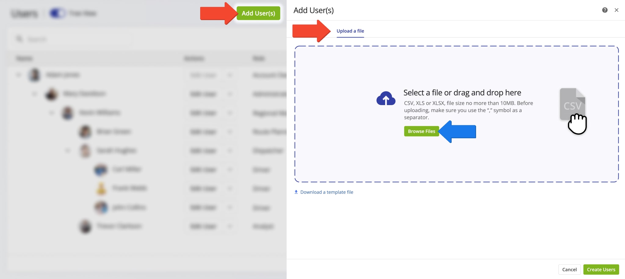 Drop and drop or upload a CSV, XLSX, or XLS file with user data to bulk upload multiple users to your Route4Me account.