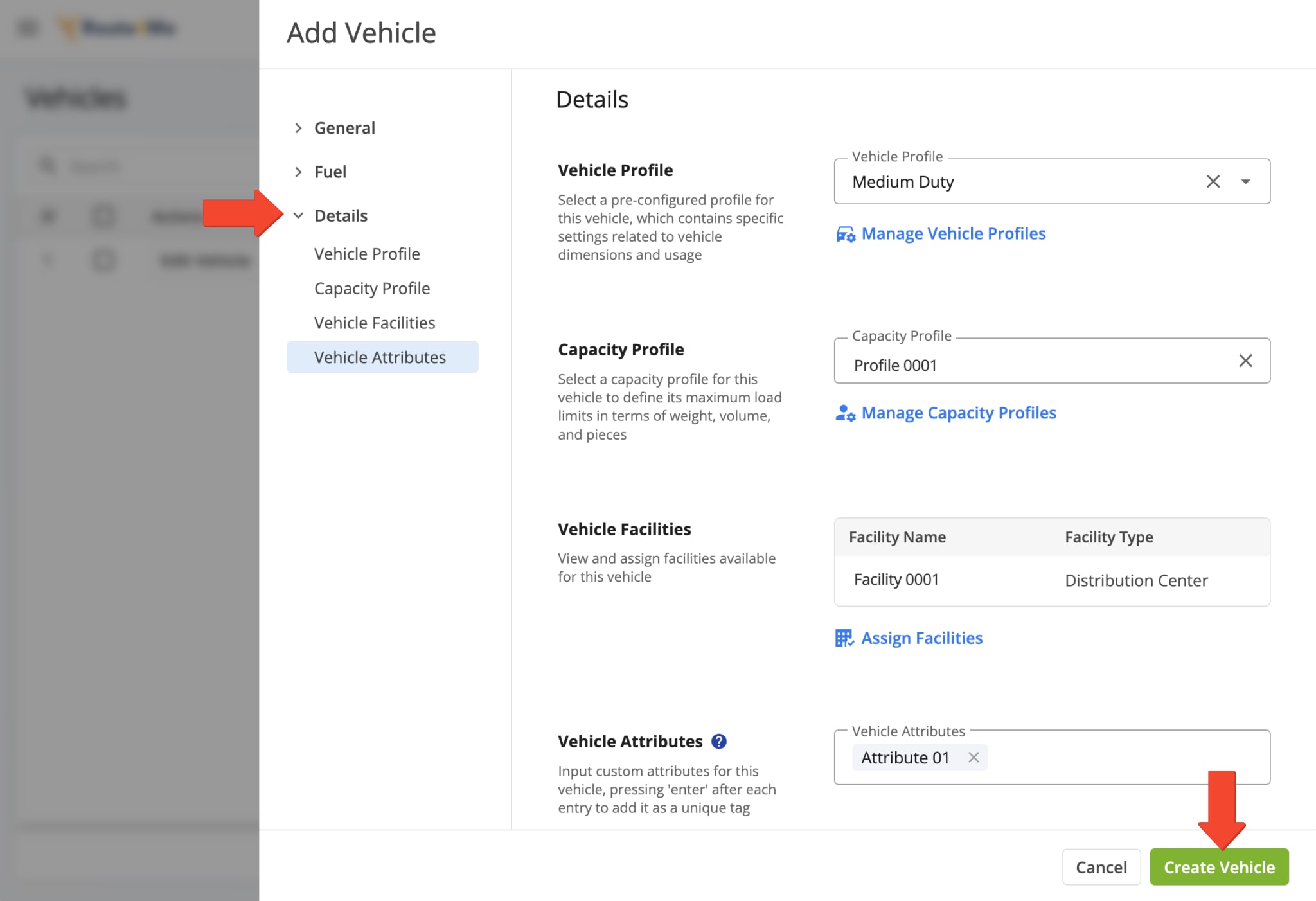 Enter the vehicle's dimensions and usage, maximum load limits, assigned facilities, and unique attributes.