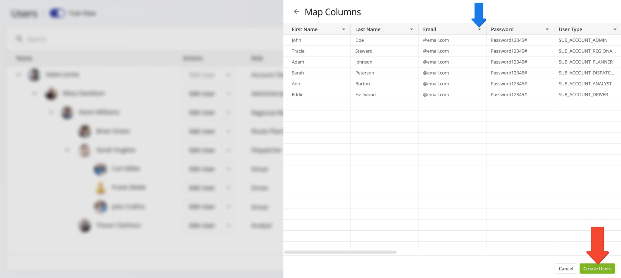 Match user data from the uploaded spreadsheet with Route4Me's user profile fields.