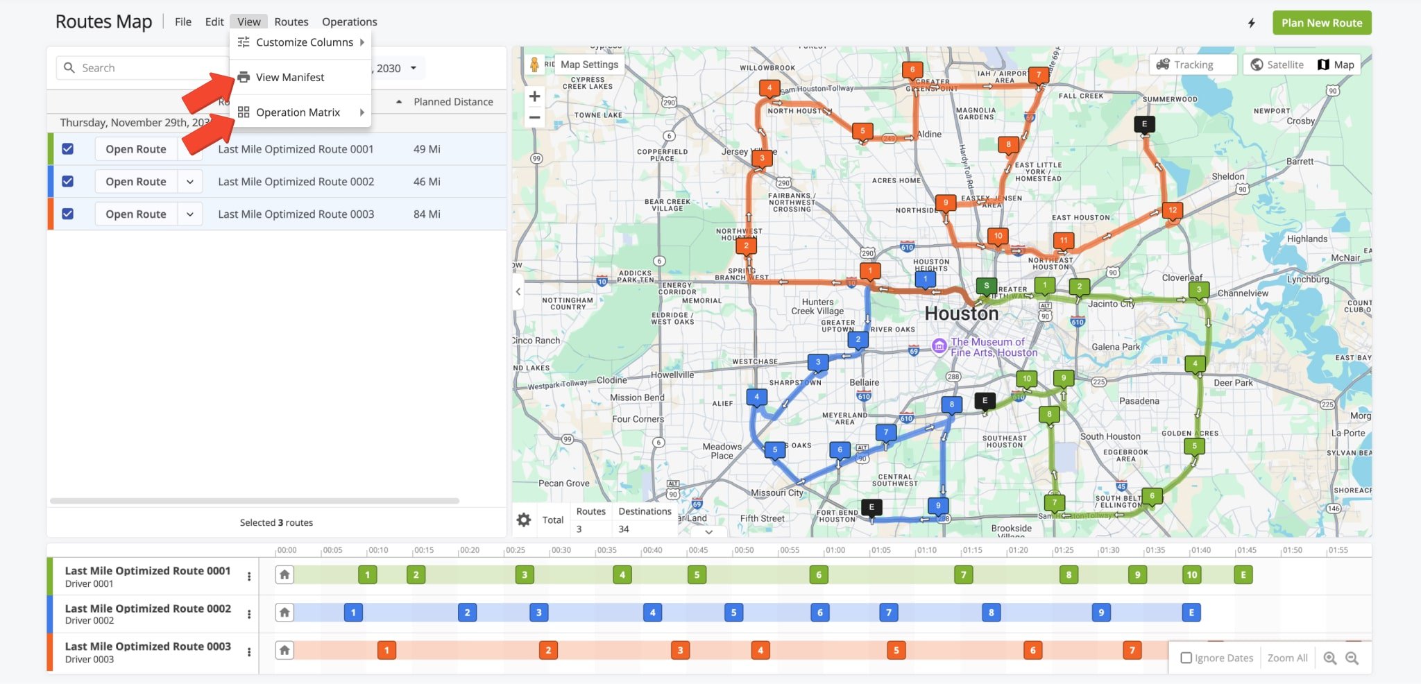 Additionally, you can view more detailed route information in the Route Manifest. Click View from the top menu bar and select View Manifest from the menu to open your customizable dynamic Route Manifest.