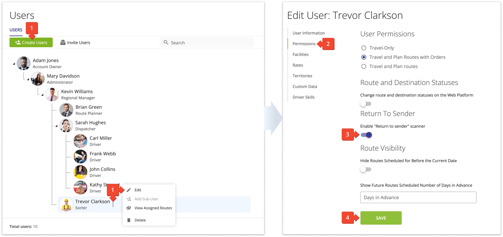 Enable Return to Sender order scanning permissions in your Route4Me User Permissions settings.