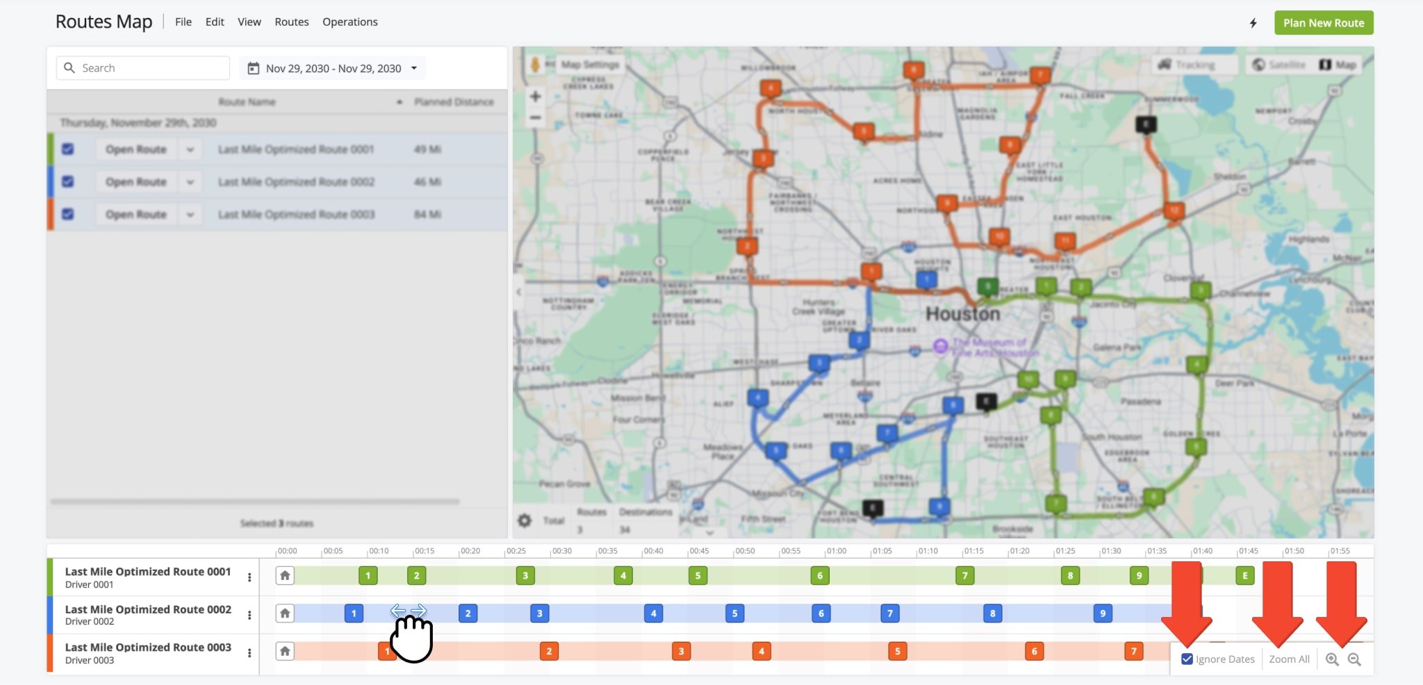 The Routes Map Time Line controls allow you to scroll and zoom the timeline. In addition, the Ignore Dates option displays all selected routes as starting at the same time.