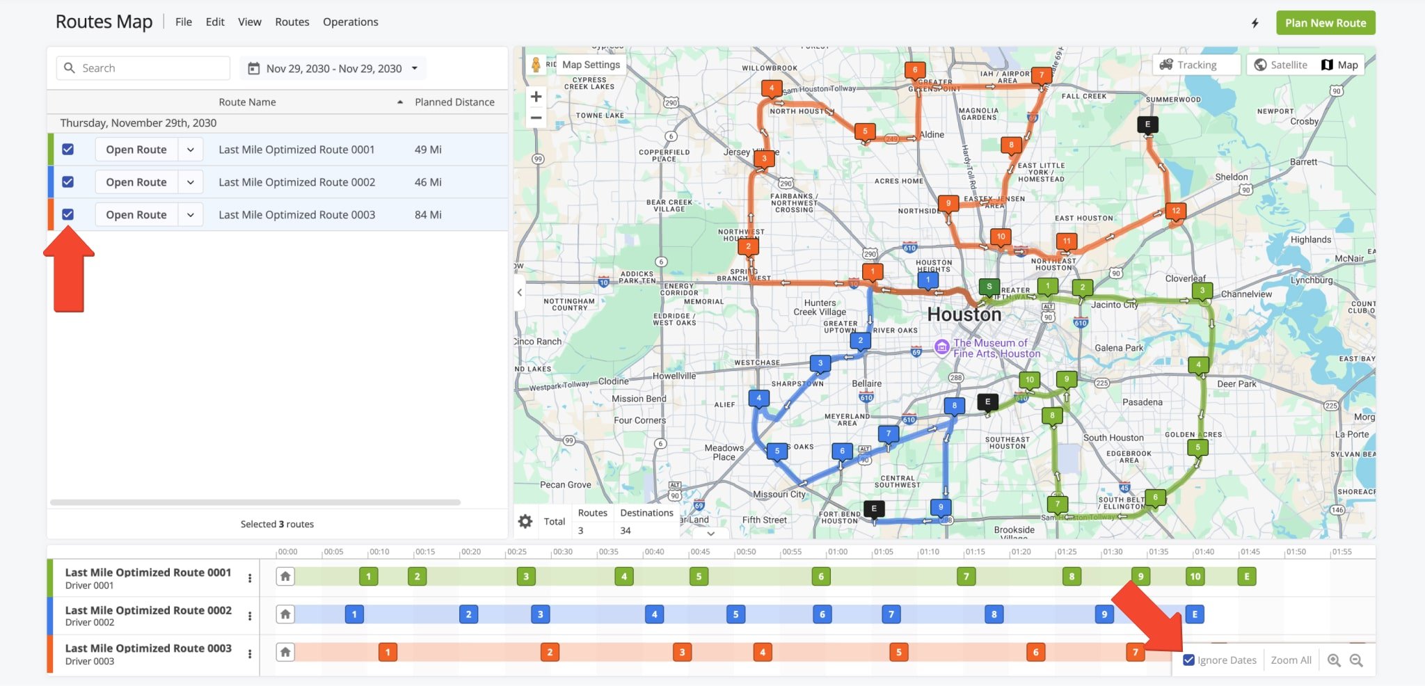 If you open routes scheduled for different dates, you can check the Ignore Dates box in the Time Line controls.