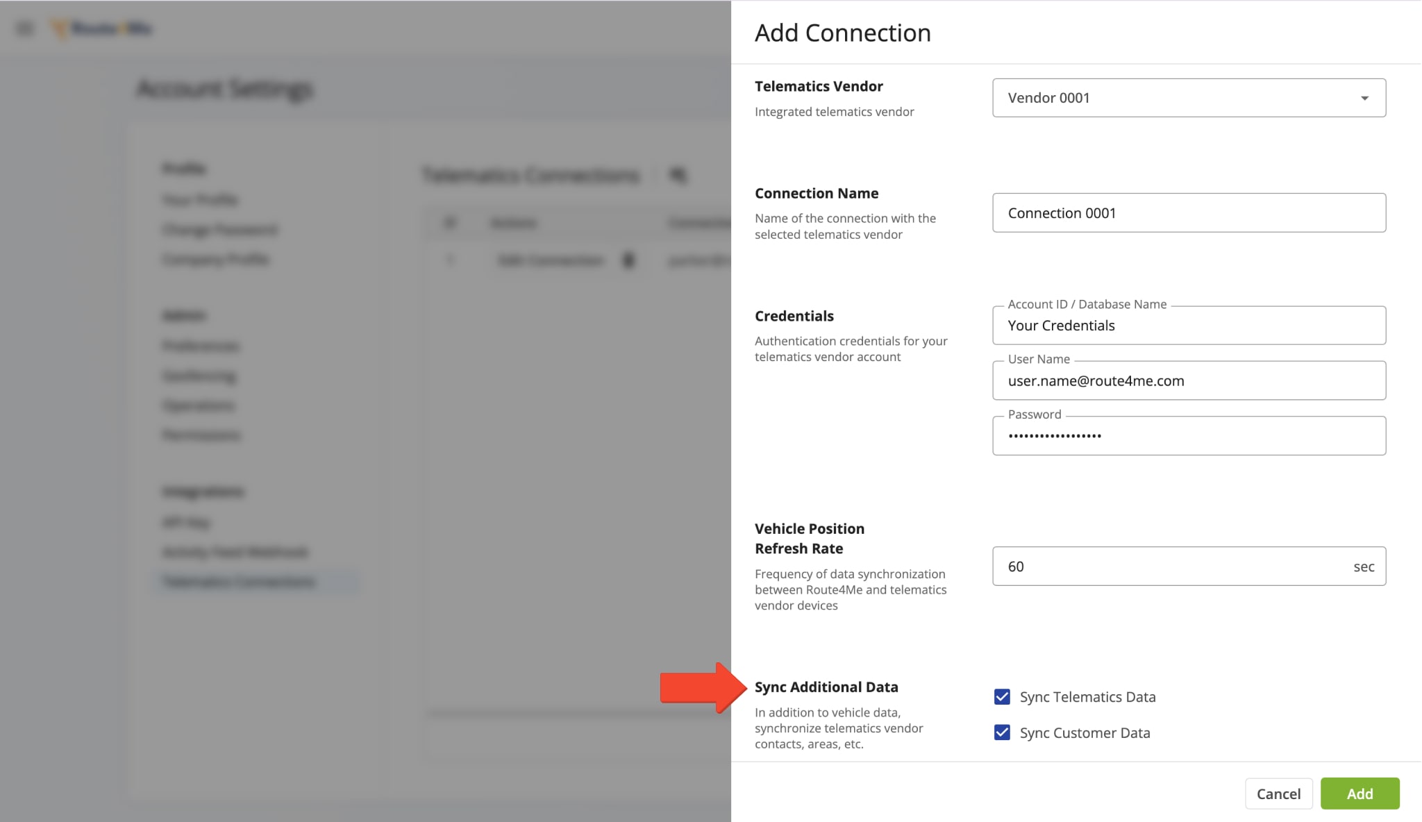 When adding a new connections, you can sync telematics and customer data.