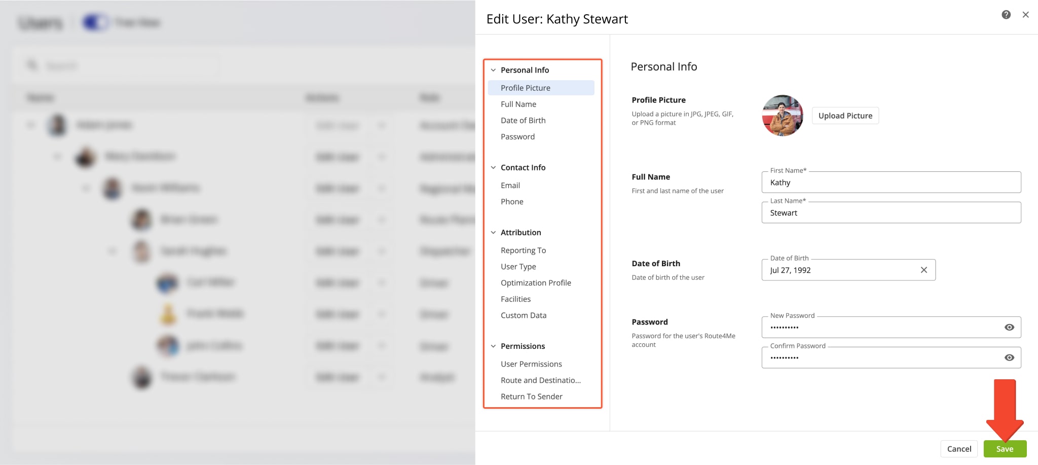 Edit general team member profile information such as user name, email address, password, and user type for drivers, route planners, etc.