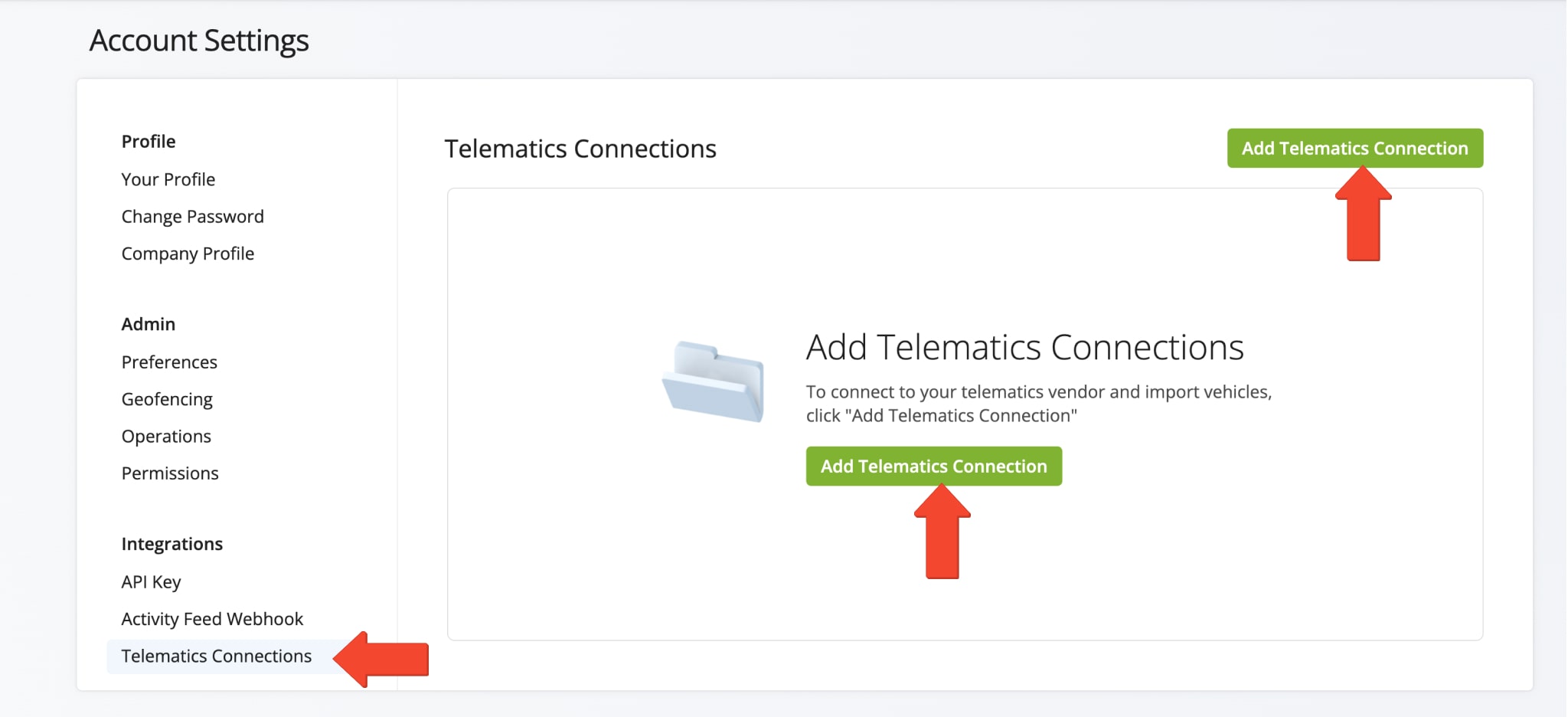 To add a telematics connection to your Route4Me account, click the "Add Telematics Connection" button in your Account Settings. 