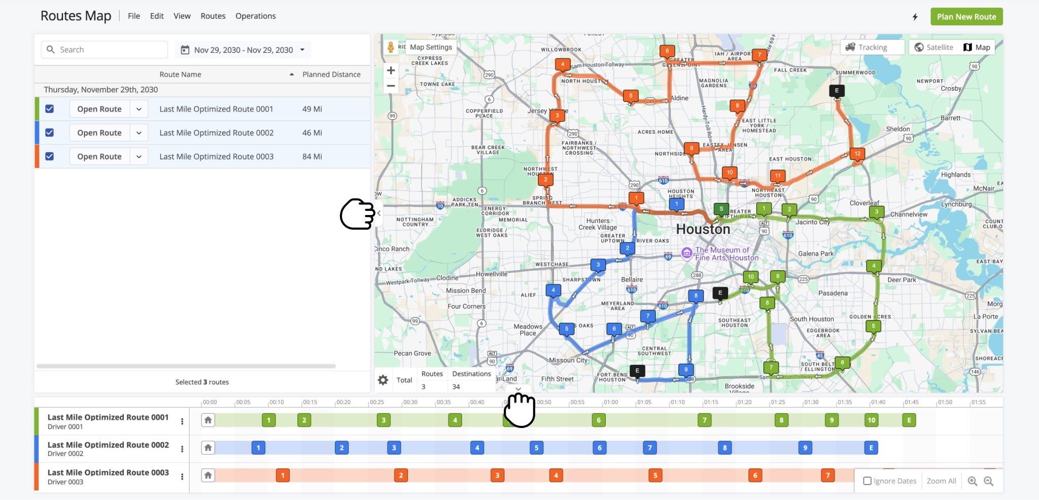 To resize the Interactive Map relative to the Routes Map List and Time Line, click and drag the middle of the panel separators.