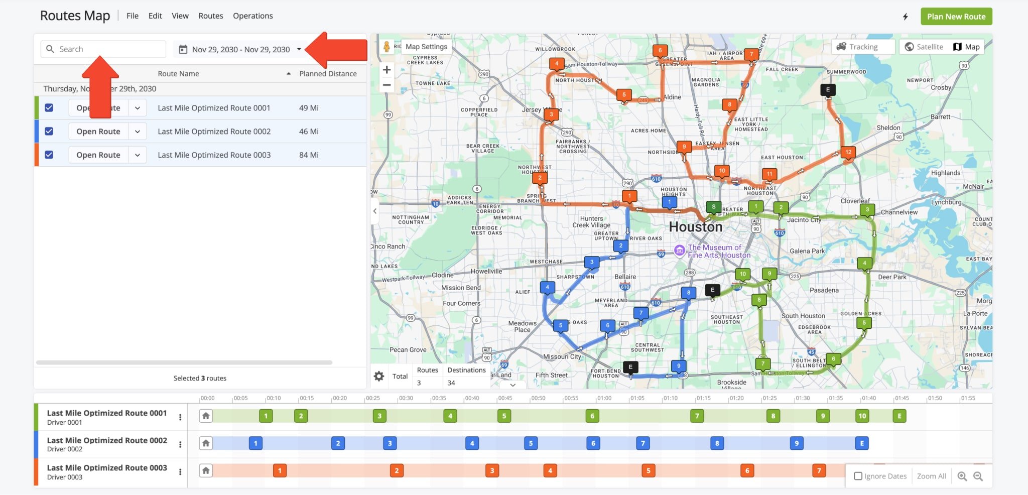 To open routes directly from the Routes Map, click the Date Field or Calendar Icon and enter your preferred time range to filter routes by date and the Search Bar to filter routes by name.