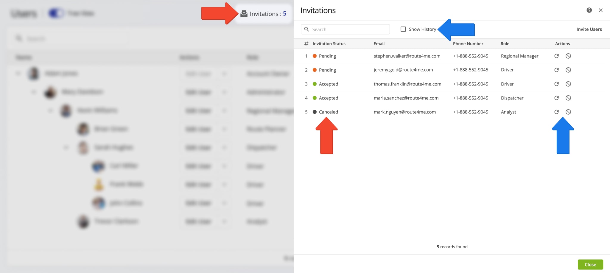 Check team member invitation statuses for invited drivers, route planners, dispatchers, and other members.