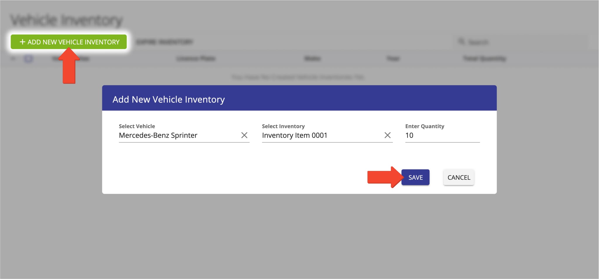 Click Add New Vehicle Inventory on the Vehicle Inventory page to seamlessly add inventory items to vehicles.