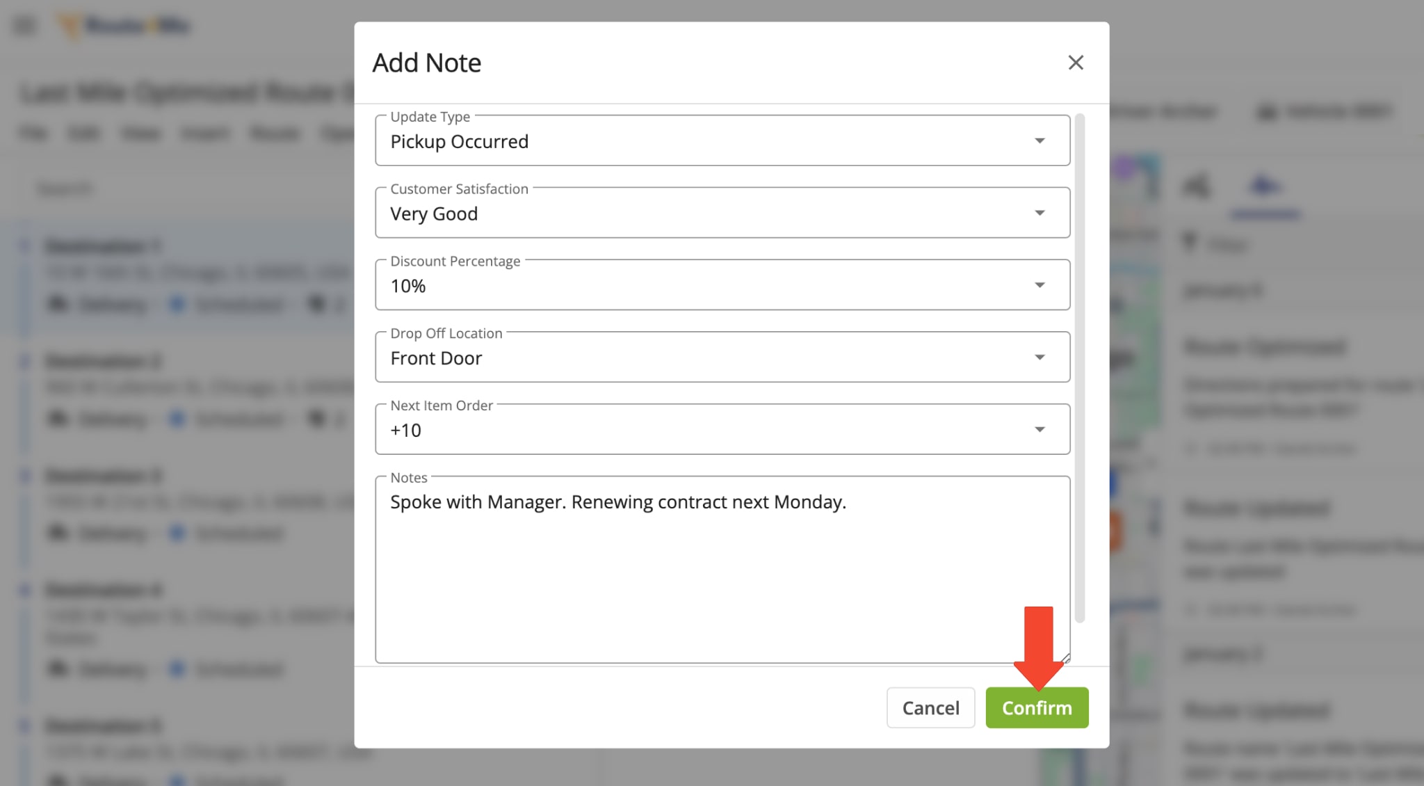 To add a note in the Route Editor, select the stop and click the icon next to 'Notes' under 'Destination Info.'