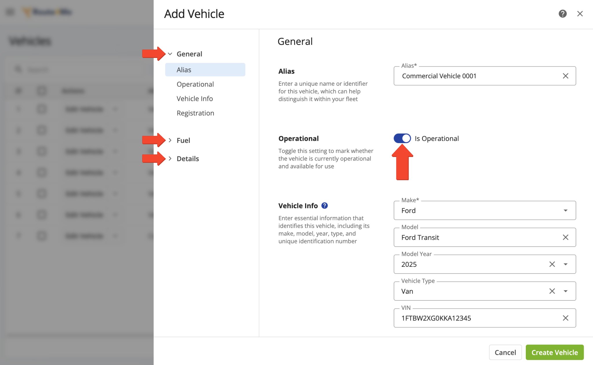 When setting up a Commercial Vehicle Profile, whether for a new or existing vehicle, start by completing its general profile and ensuring the status is set to Is Operational.