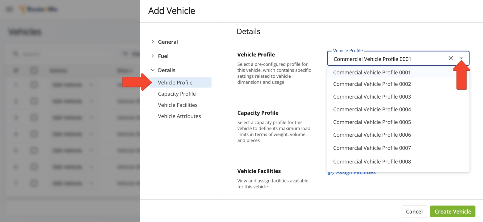 After you've created a Vehicle Profile, you can assign it to a vehicle in your fleet by adding it to a new vehicle or editing an existing fleet vehicle. 