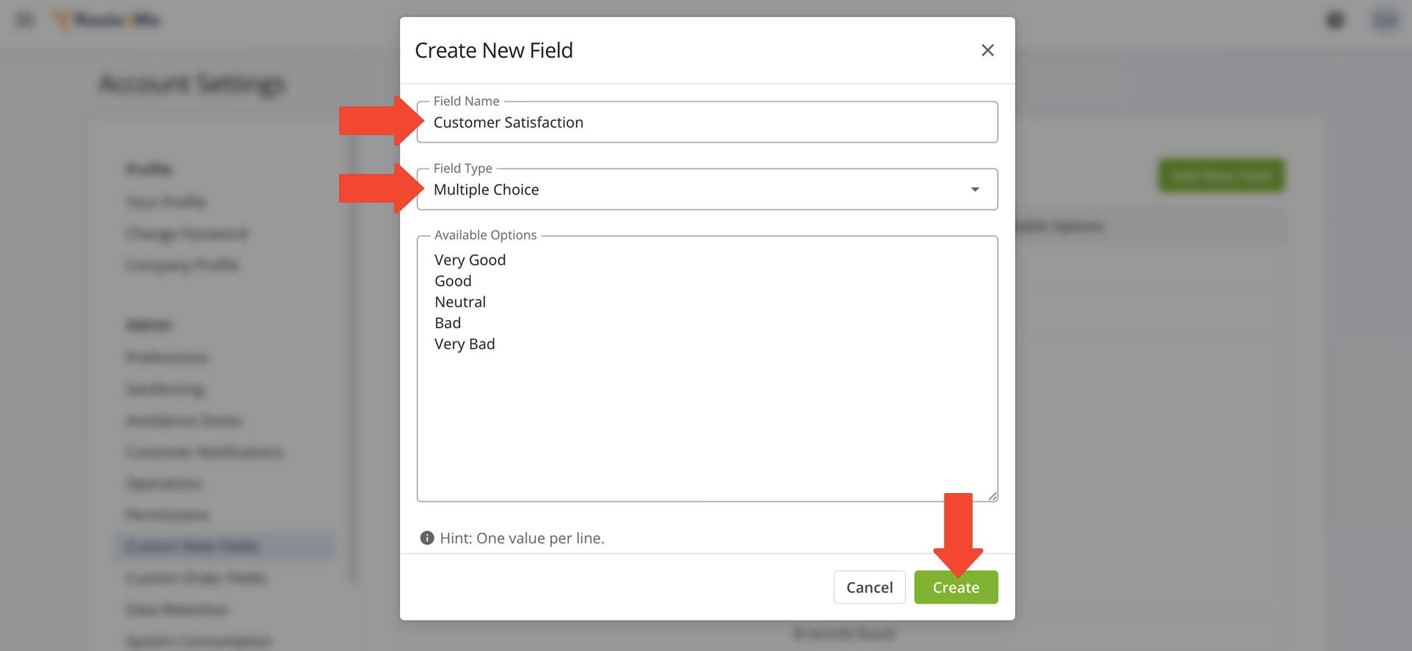 In the Field Editor, enter a name, specify available options, and click 'Create' to save the custom stop status.