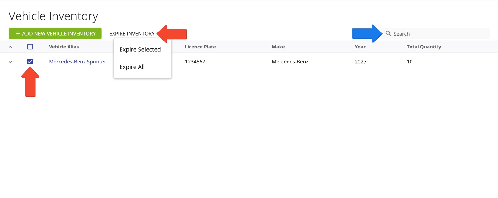 Find any vehicle with inventory items on board by searching for the preferred vehicle on the Vehicle Inventory page. There, you can also remove items from vehicles at the touch of a button.