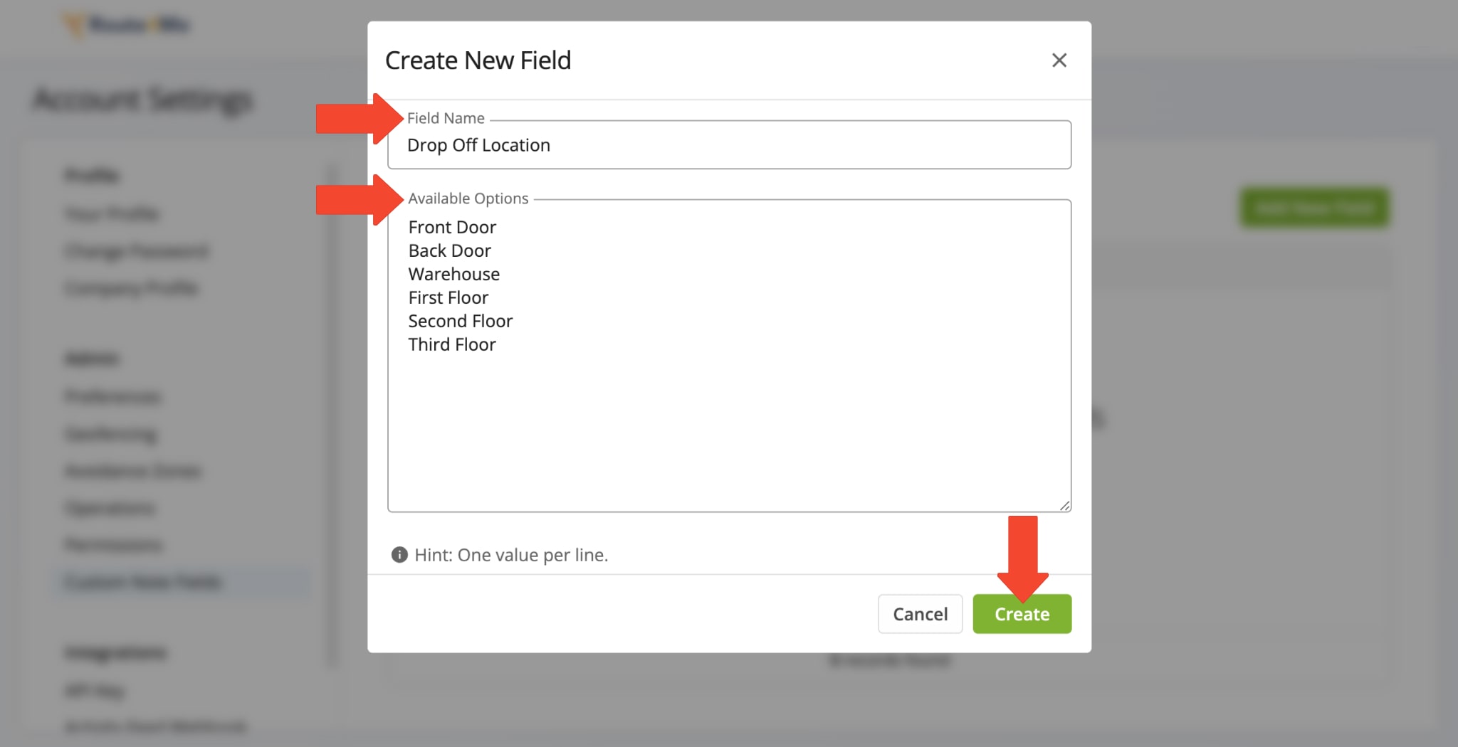 In the Field Editor, enter a name, specify available options, and click 'Create' to save the custom stop status.