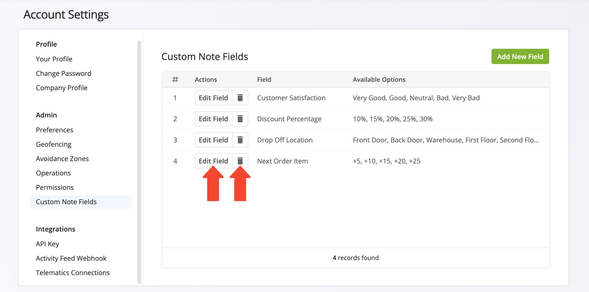 Click 'Edit Field' to modify or the delete button to remove a custom stop status.