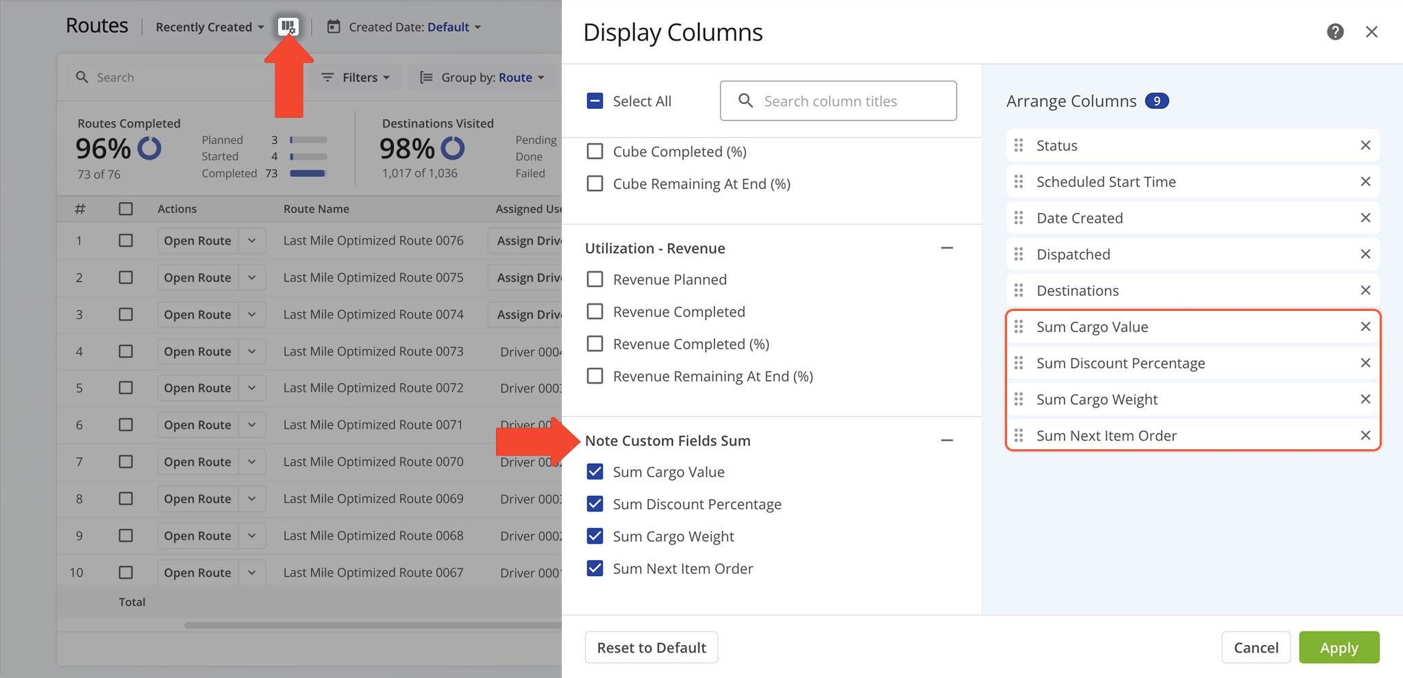 From the Routes List, you can view totals for whole number and decimal Custom Notes by enabling their columns via the Column icon.
