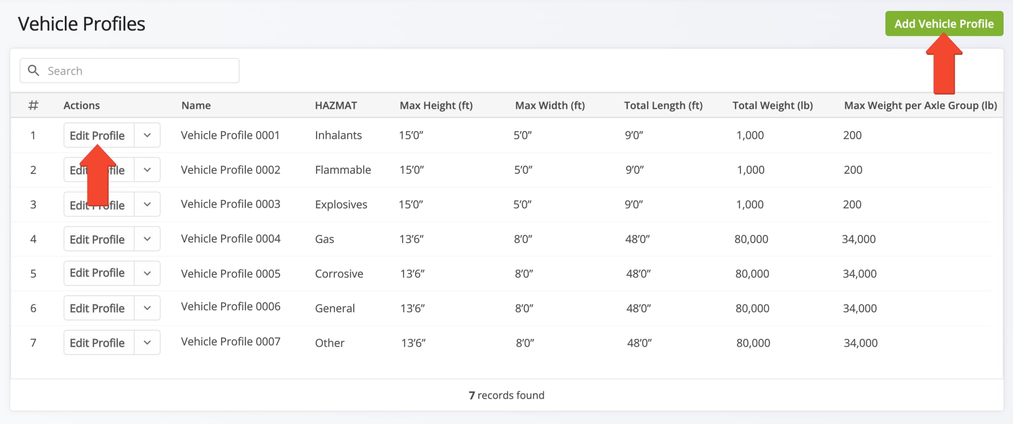 From the Vehicle Profiles page, you can see your existing Commercial Profiles, edit Vehicle Profiles, and create new Profiles. 