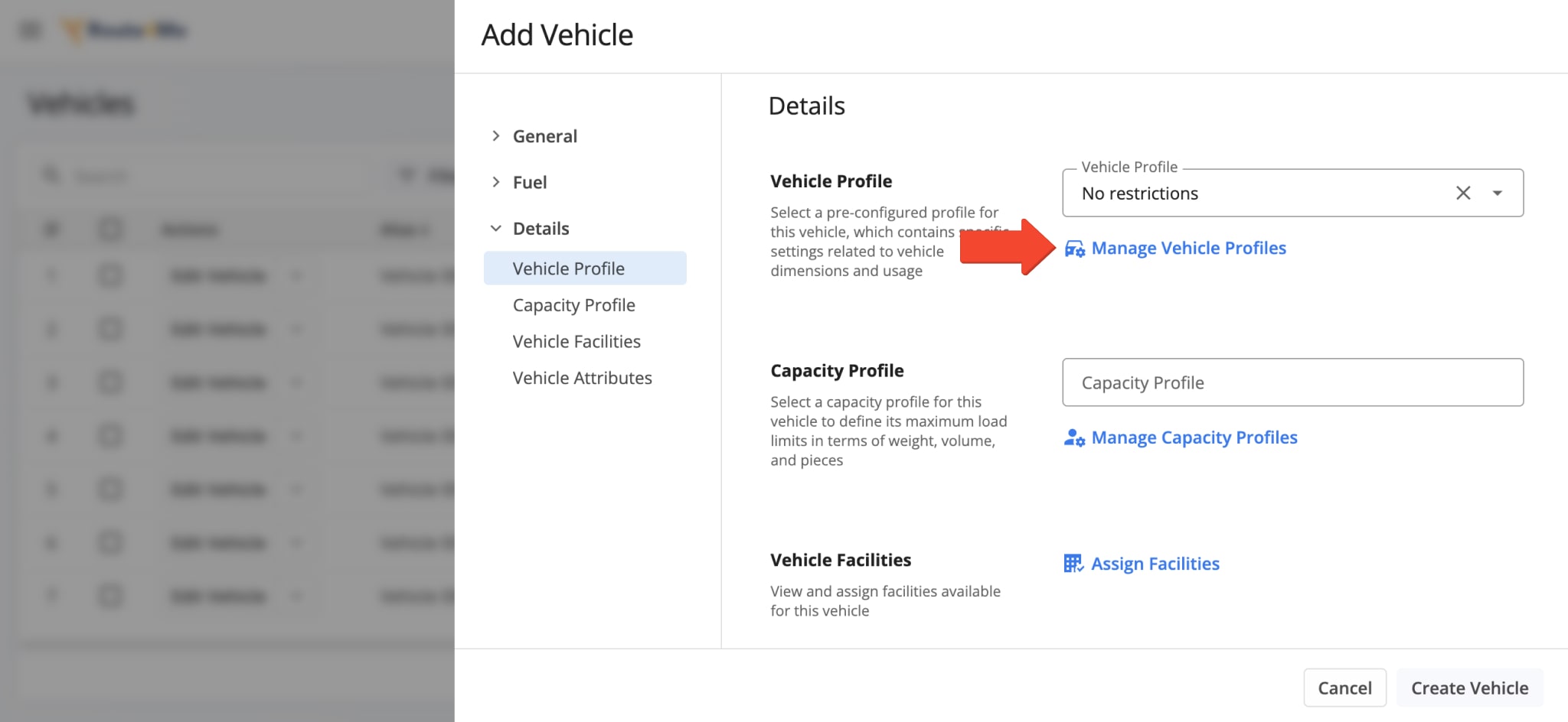 To plan and optimize commercial vehicle routes, go to Manage Vehicle Profiles to make sure that you have commercial vehicles in your Route4Me fleet. 