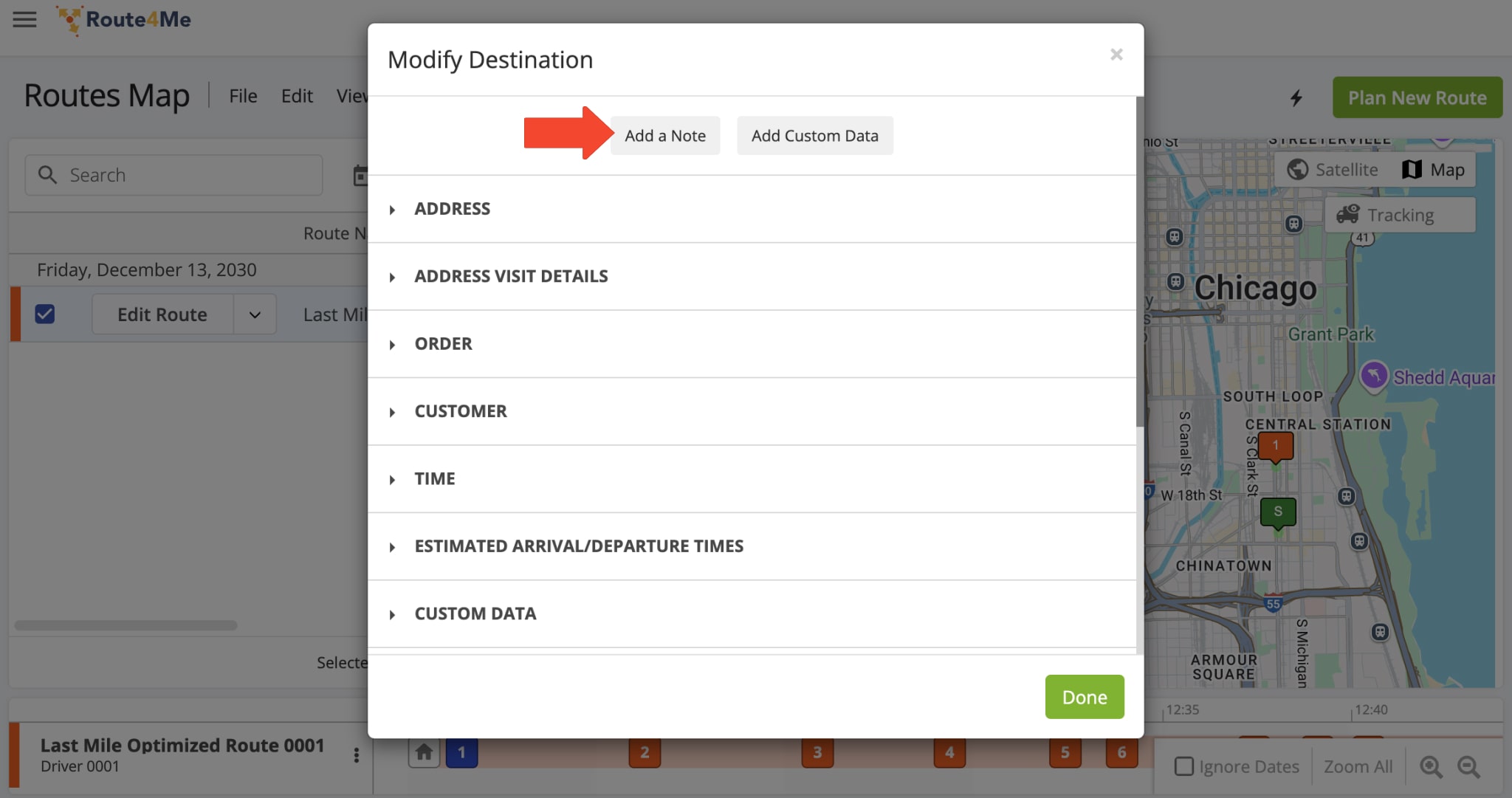  From the Routes Map, select a stop on the Interactive Map or in the Routes Time Line, click 'Modify Destination,' and then choose the 'Add a Note' button in the pop-up menu.