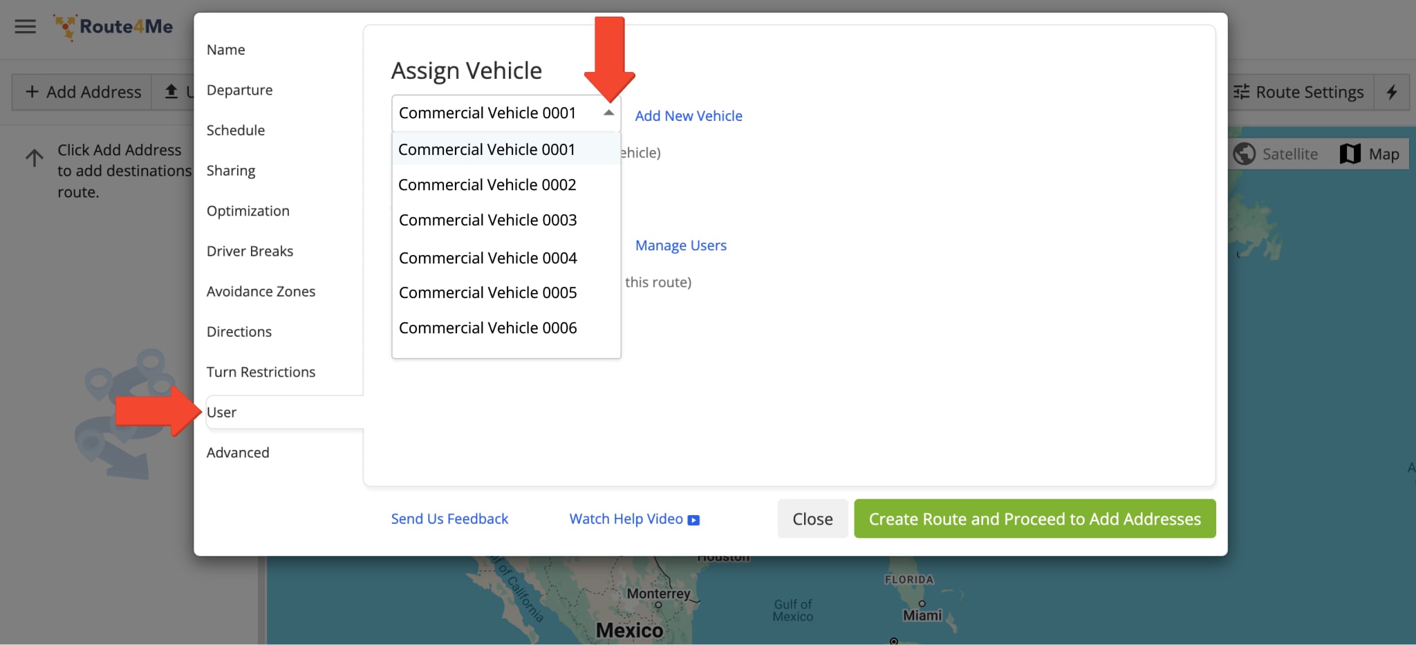 To plan commercially optimized routes with a vehicle configured with commercial parameters, assign that vehicle when planning your routes.