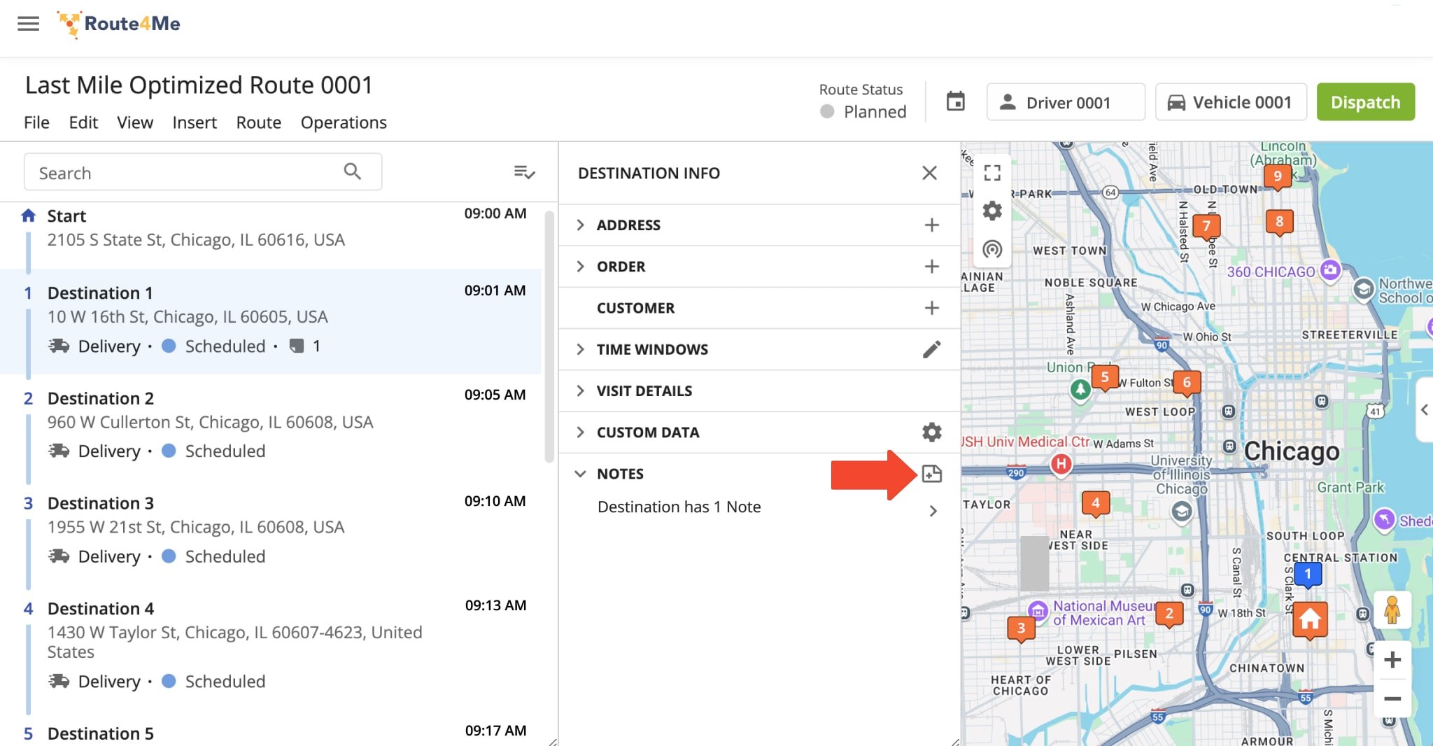 Once saved, a custom status is immediately available across your Route4Me account and can be added to route destinations through the Route Editor or Routes Map.