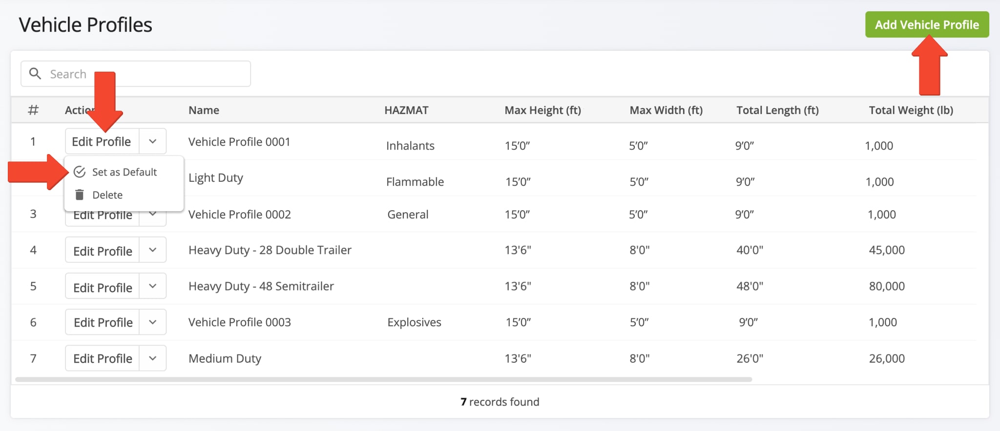 To manage your Commercial Vehicle Profiles, you can edit them to make modifications or set them as default.