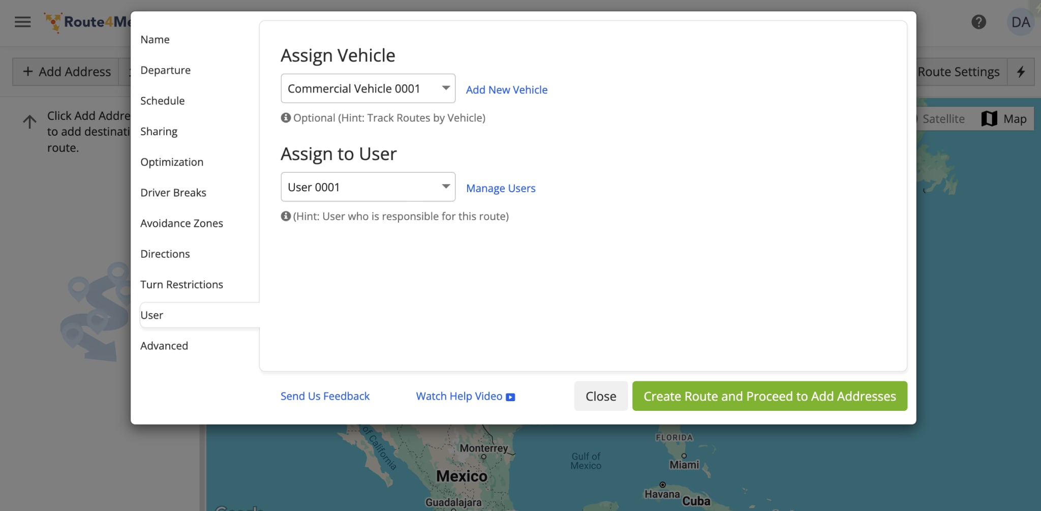 To manually optimize a route, select a fleet vehicle with a commercial vehicle profile attached to it.