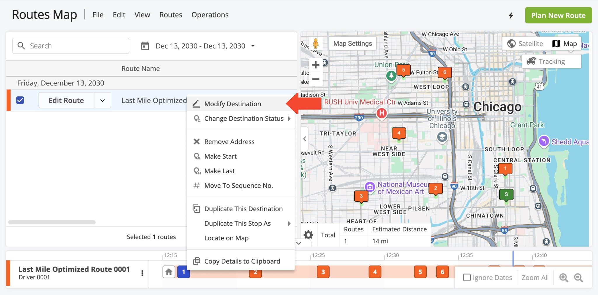 To modify a destination from the Routes Map, click a stop on the Interactive Map or in the Routes Time Line, then select 'Modify Destination.'