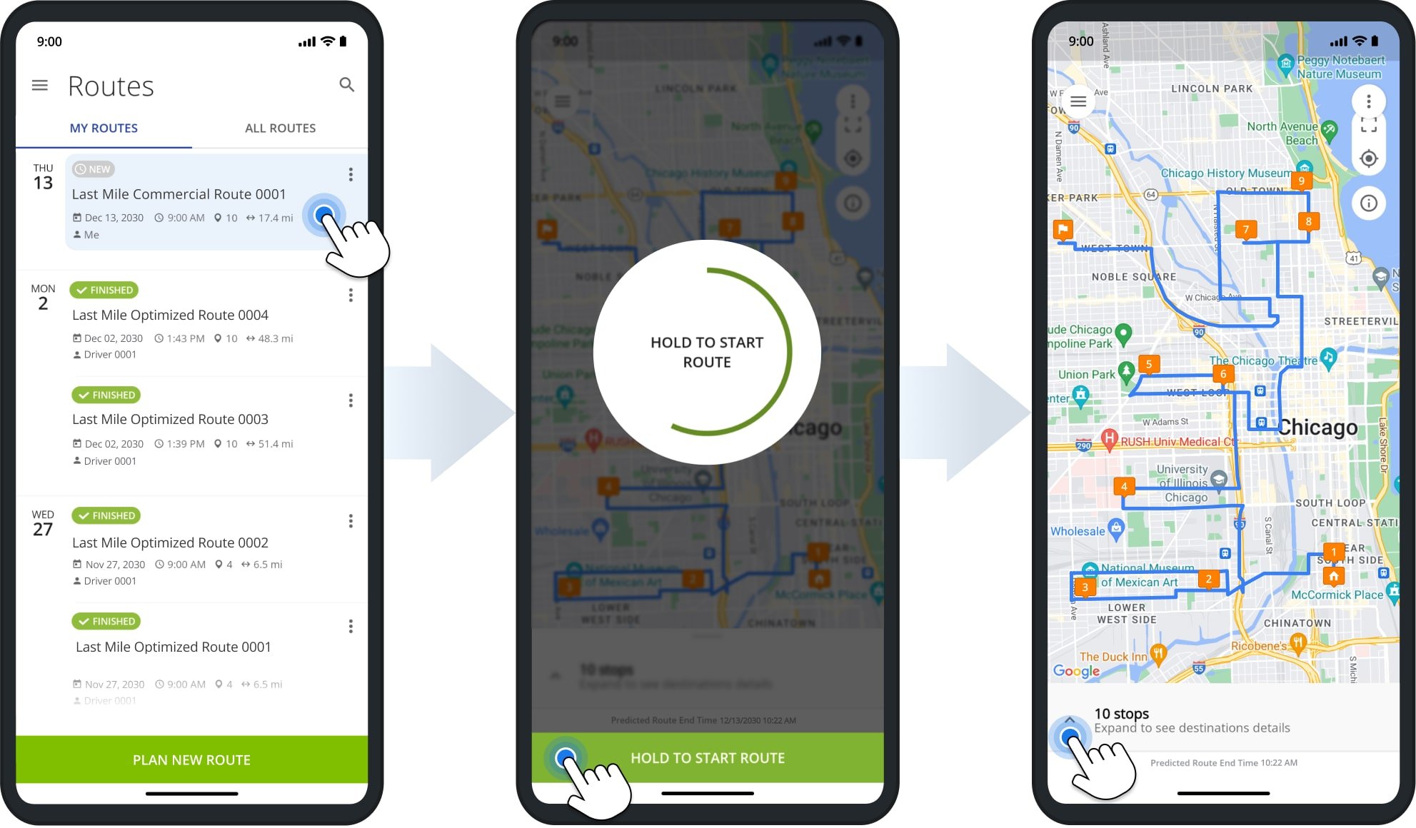 To start navigation, the driver selects the route in Route4Me's commercial truck navigation app for iOS or Android, taps the 'Hold To Start Route' button, and begins the route.