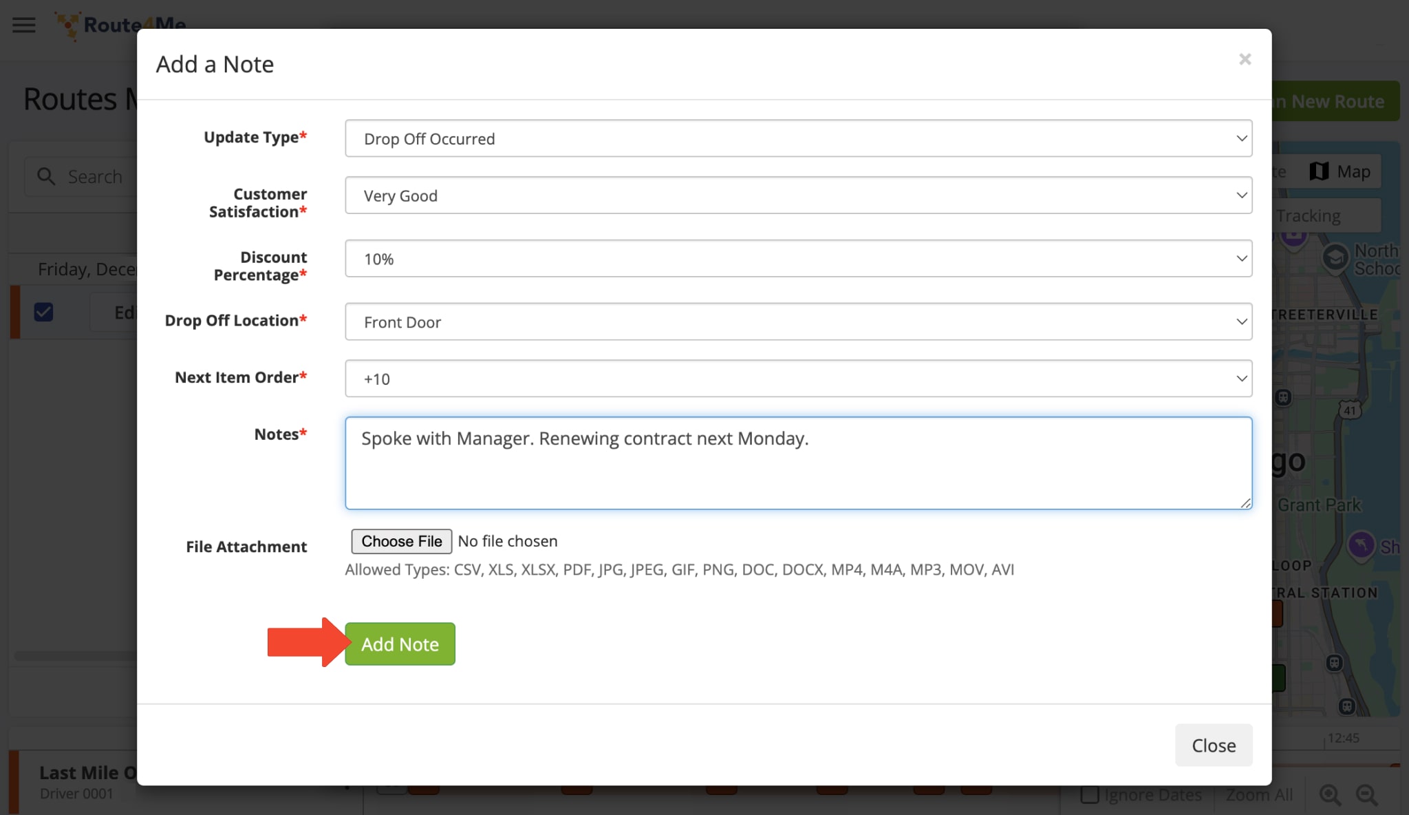 Once you have completed the 'Update Type' and 'Notes' fields, click the 'Add Note' button to attach the note to the stop.