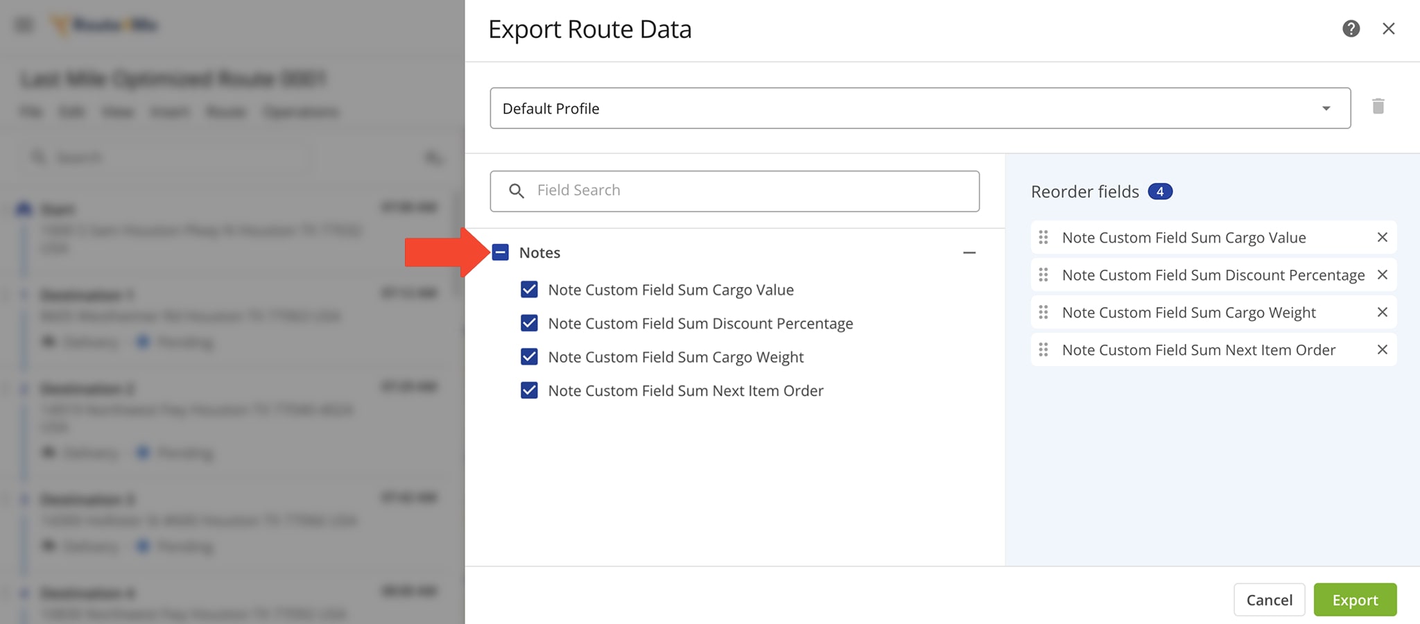 In a Route Export, you can include summed values from whole number and decimal Custom Notes.