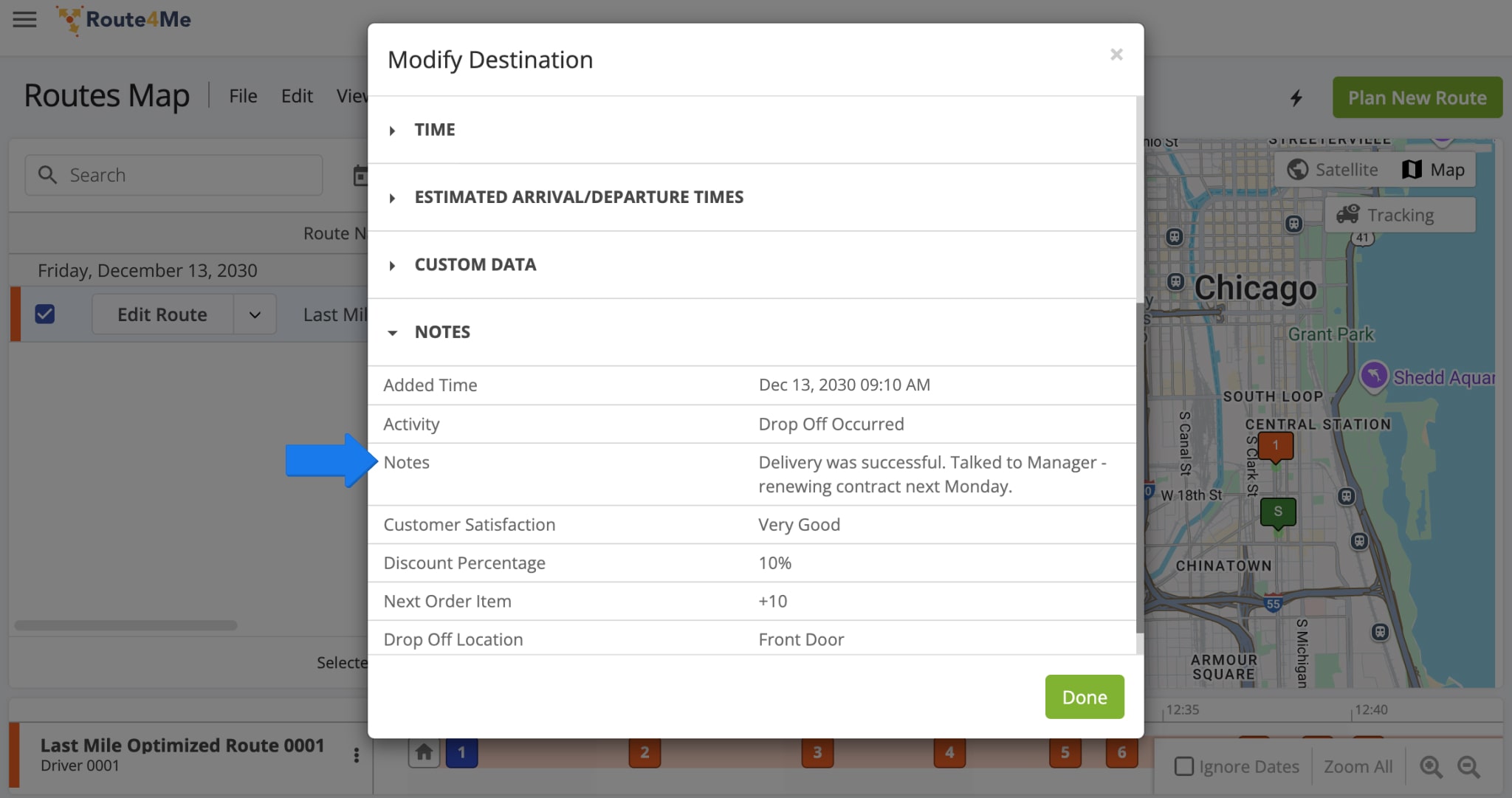 To view the notes, scroll down in the Modify Destination pop-up window where all notes will be listed under 'Notes'.