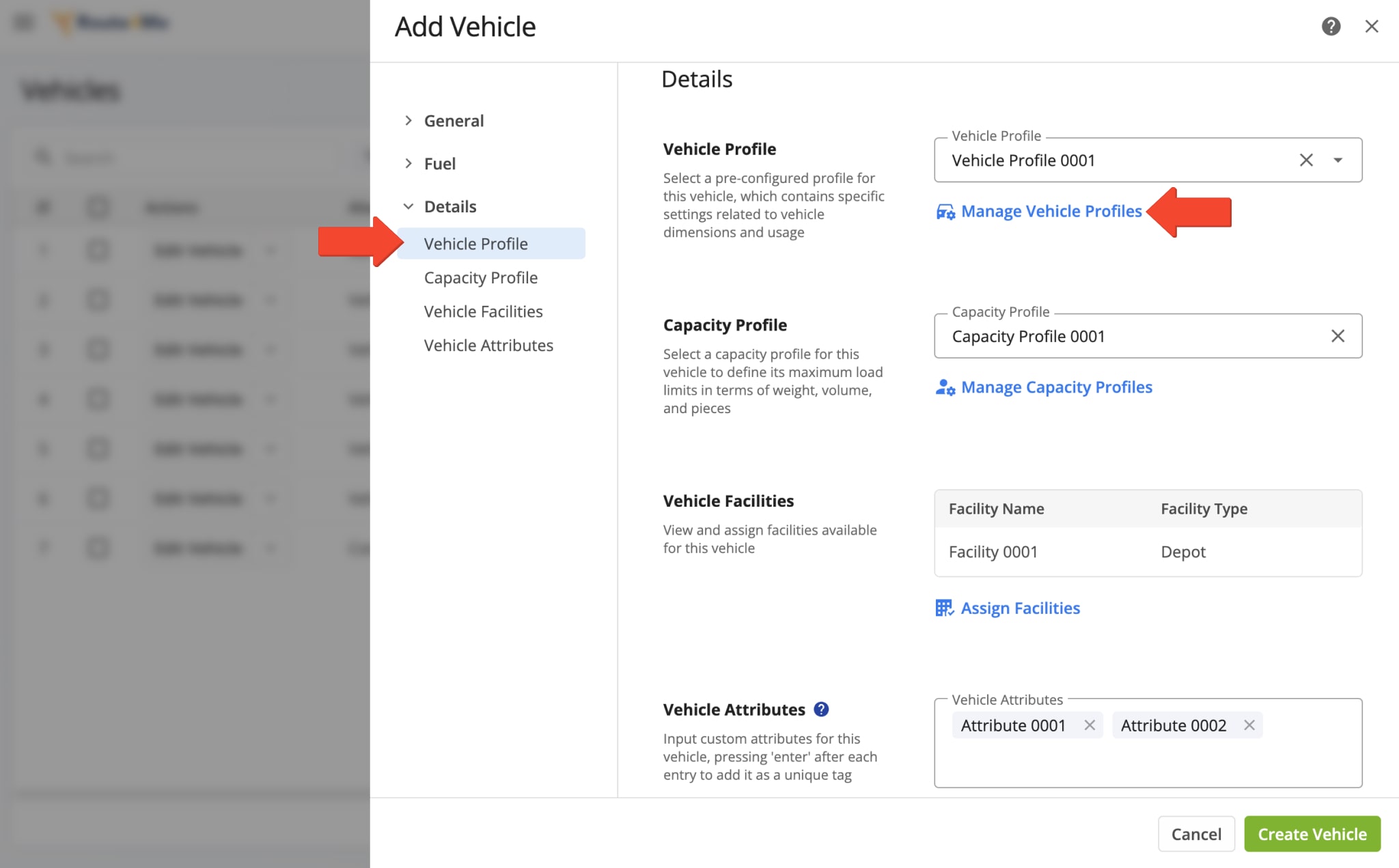 To create a Vehicle Profile, scroll down to Details and select Manage Vehicle Profiles from the Vehicle Profile dropdown menu.