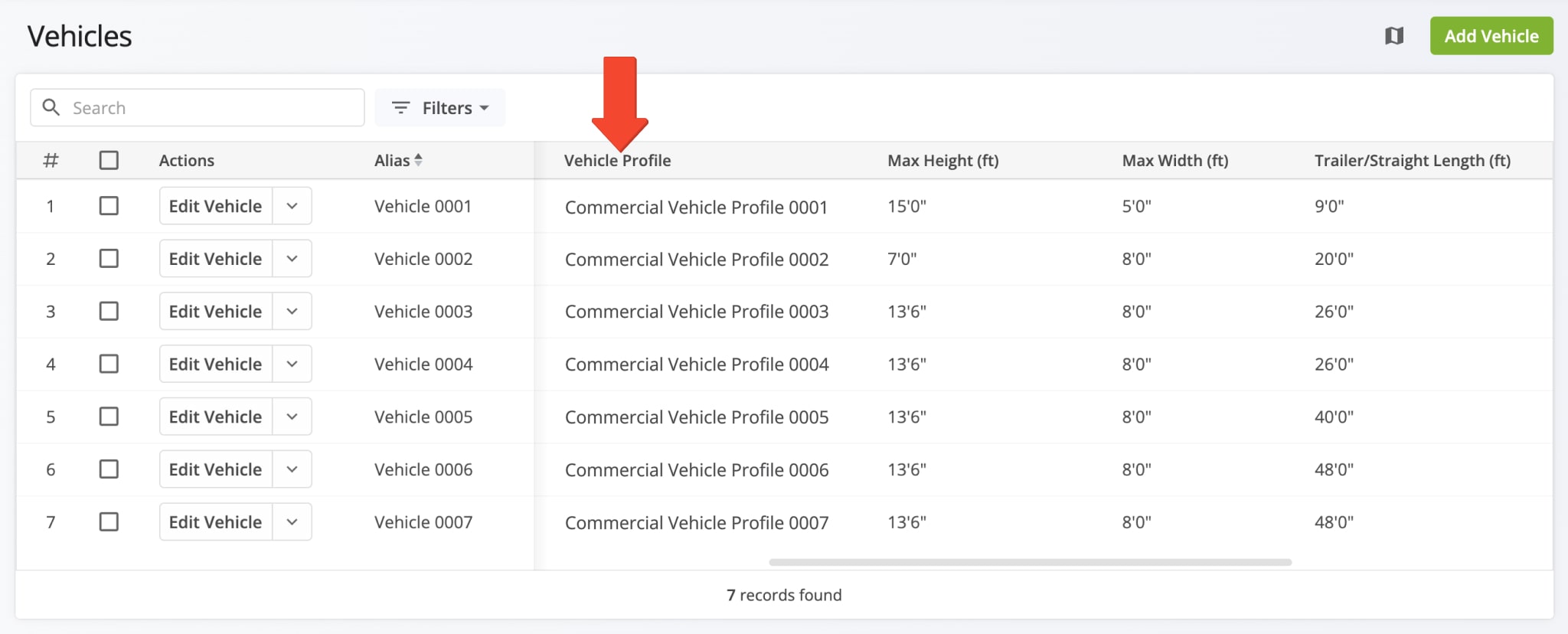 Assigned Vehicle Profile appear in the Vehicles List under the Vehicle Profile column.