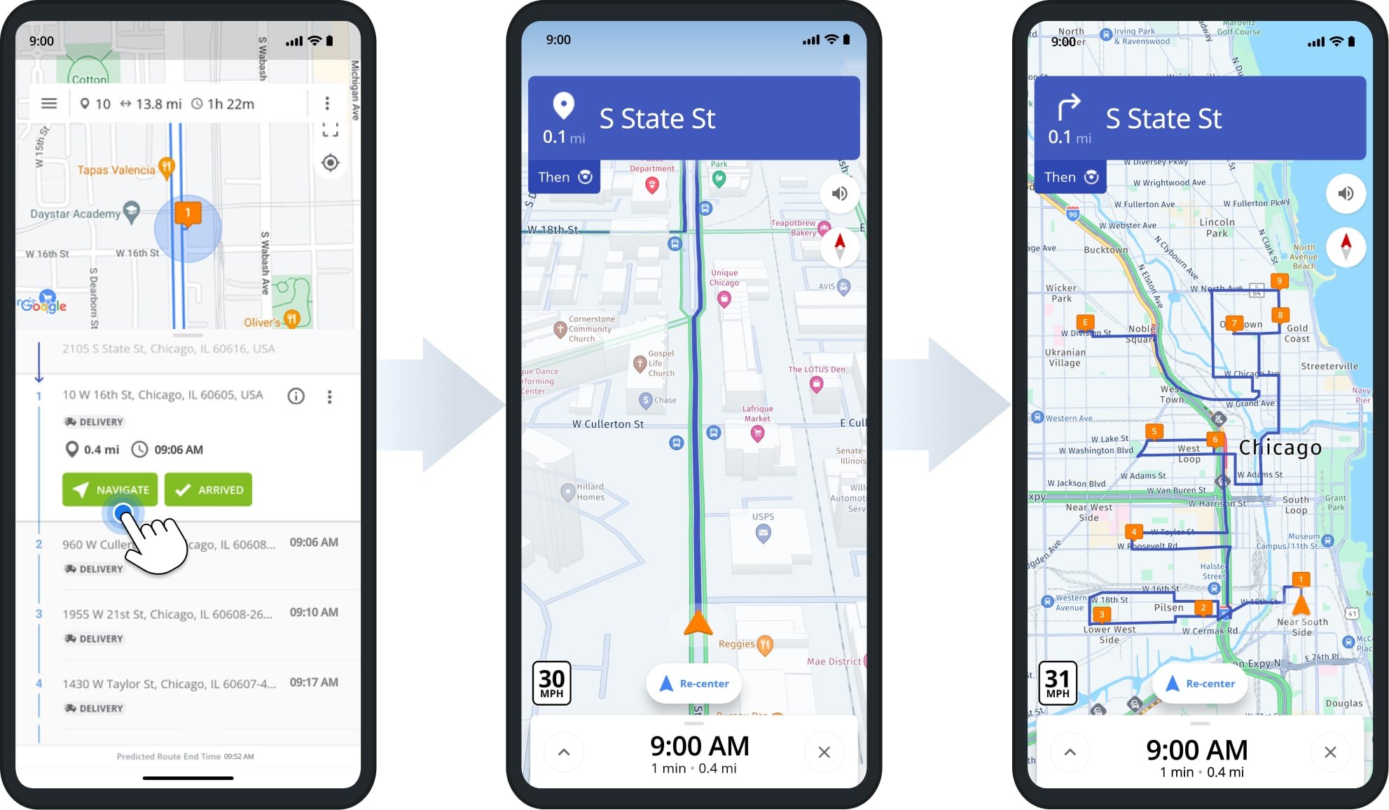 Once voice-guided navigation begins, the Route4Me iOS Route Planner provides optimal driving directions tailored to the assigned vehicle's parameters.