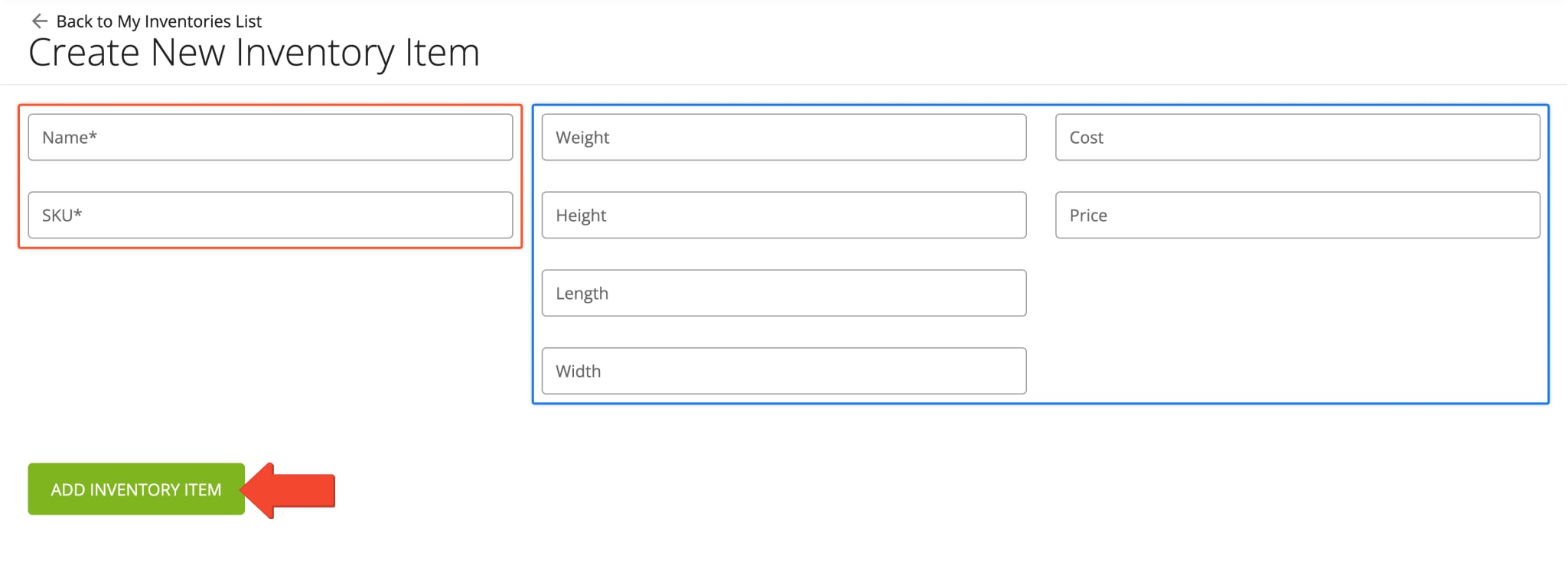 Vehicle inventory items have associated names, SKU numbers, capacity details, cost, and price. Enter these details when creating new inventory items.