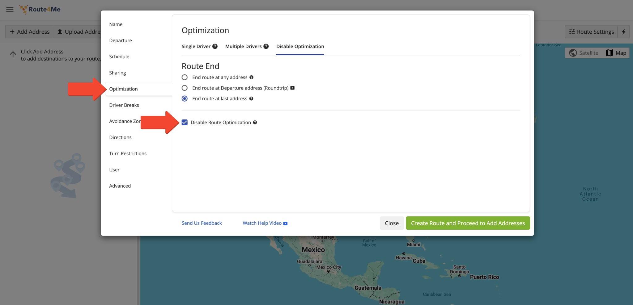 Check "Disable Route Optimization" to leave a route unoptimized if, for example, you've already taken into consideration a predefined delivery sequence.