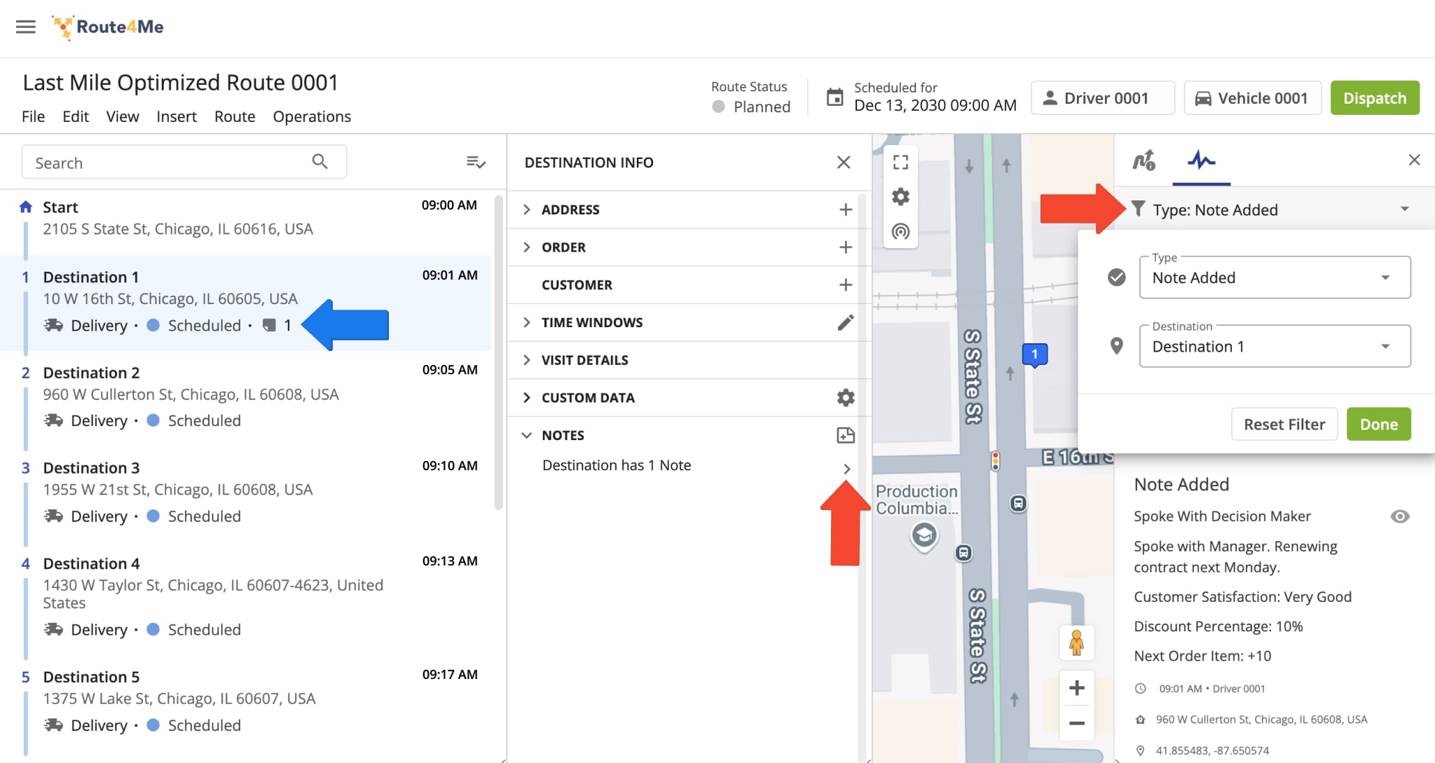 The custom status is added as a note to a route stop, viewable by clicking the arrow in 'Notes' or using the Update Type filter.