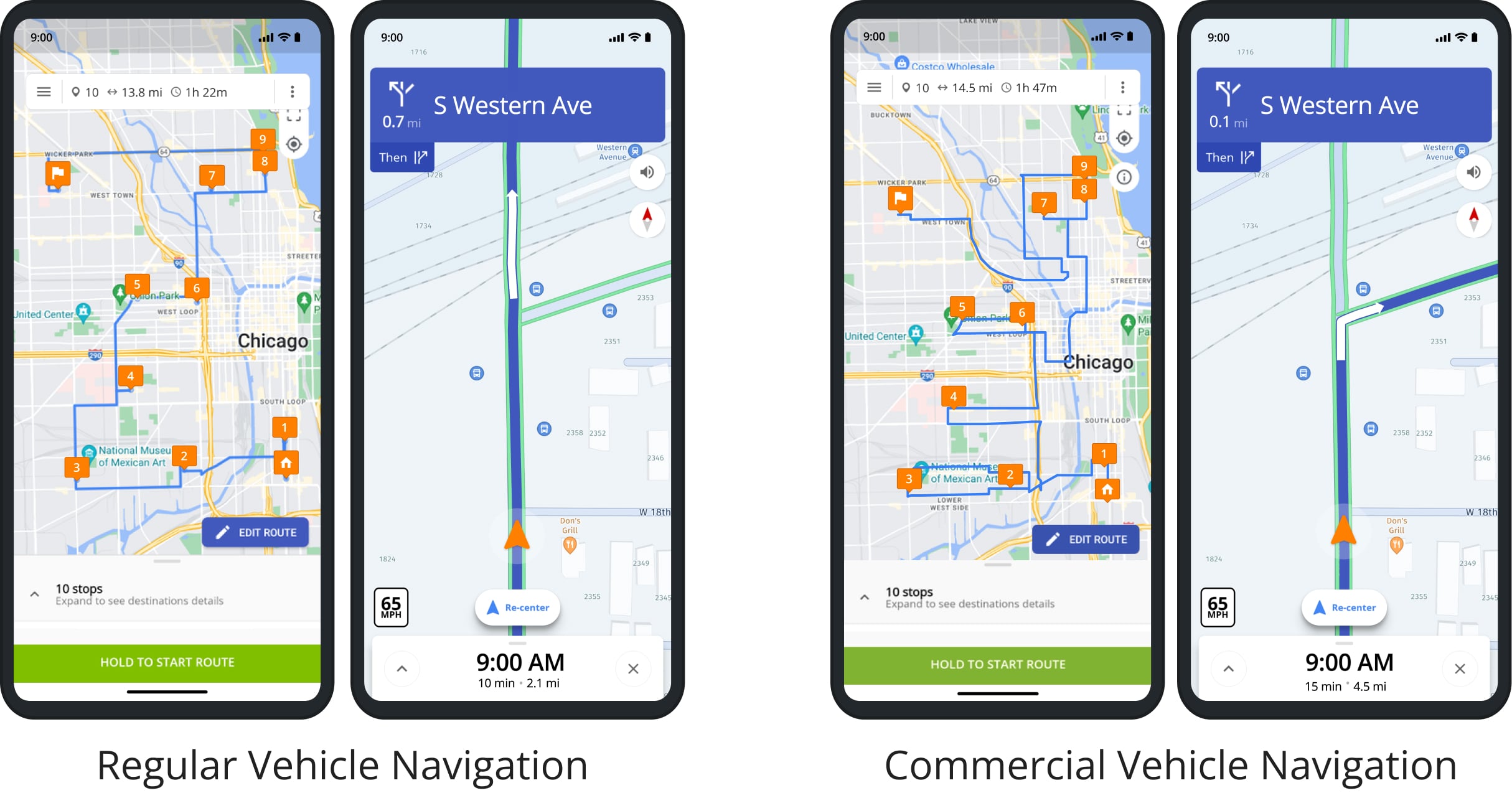 Commercial vehicle and truck navigation provides directions on approved roads, resulting in different distances, ETAs, directions, and visitation sequences compared to regular vehicles.