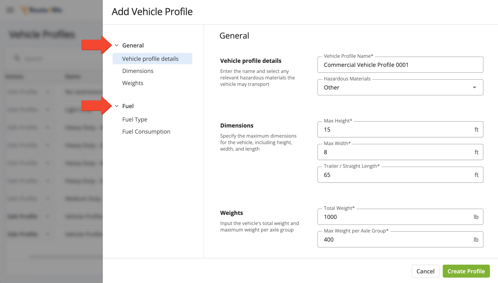 Whether you're editing an existing Profile or creating a new one, make sure all fields in the "General" and "Fuel" sections of the Vehicle Profile are complete. 