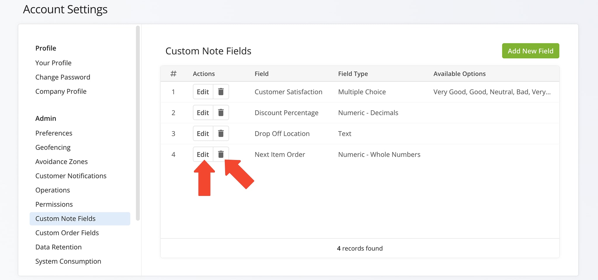 Click 'Edit Field' to modify or the delete button to remove a custom stop status.